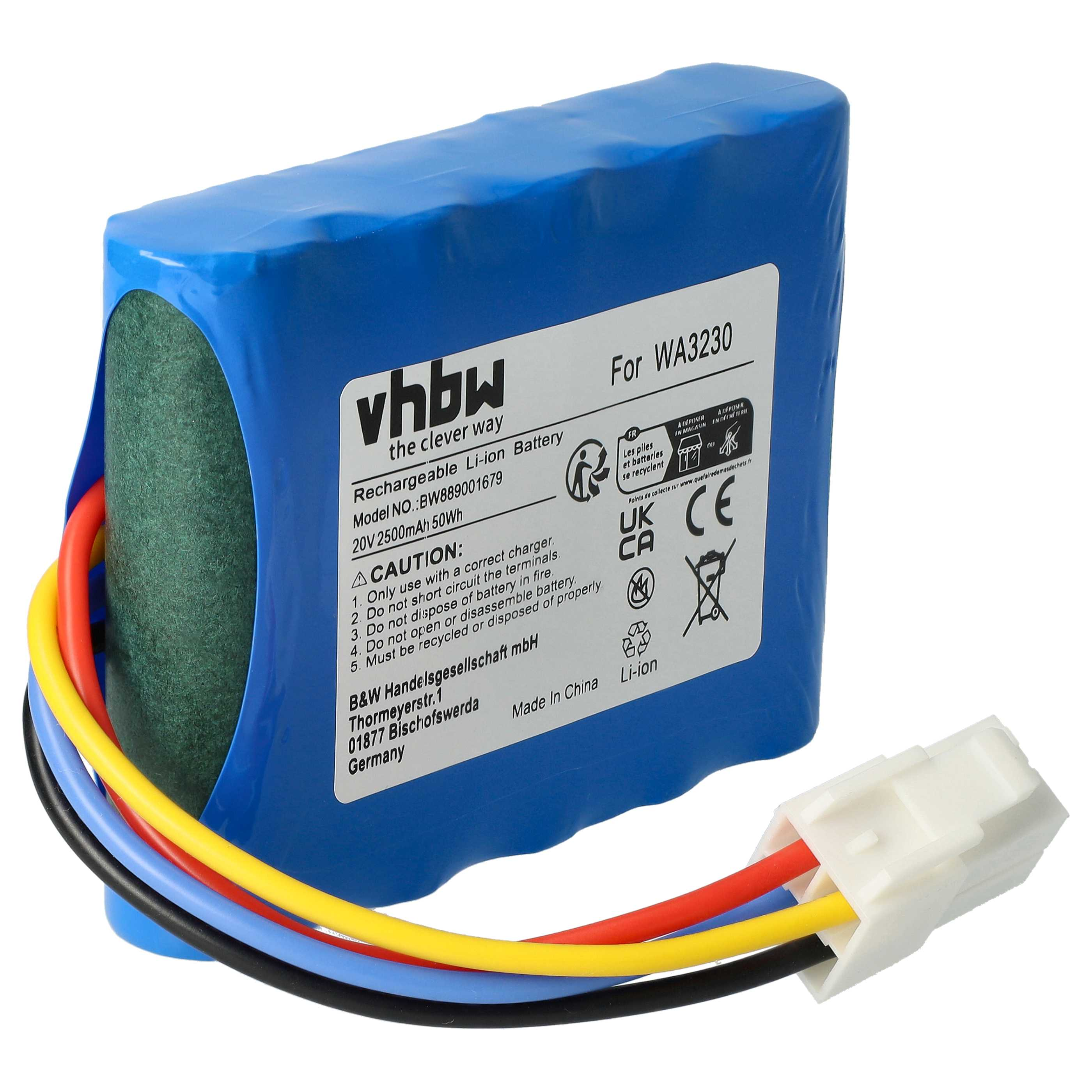 Blaue Li-Ionen-Batterie mit Kabeln und Stecker. Etikett mit Warnhinweisen und Recycling-Symbol.