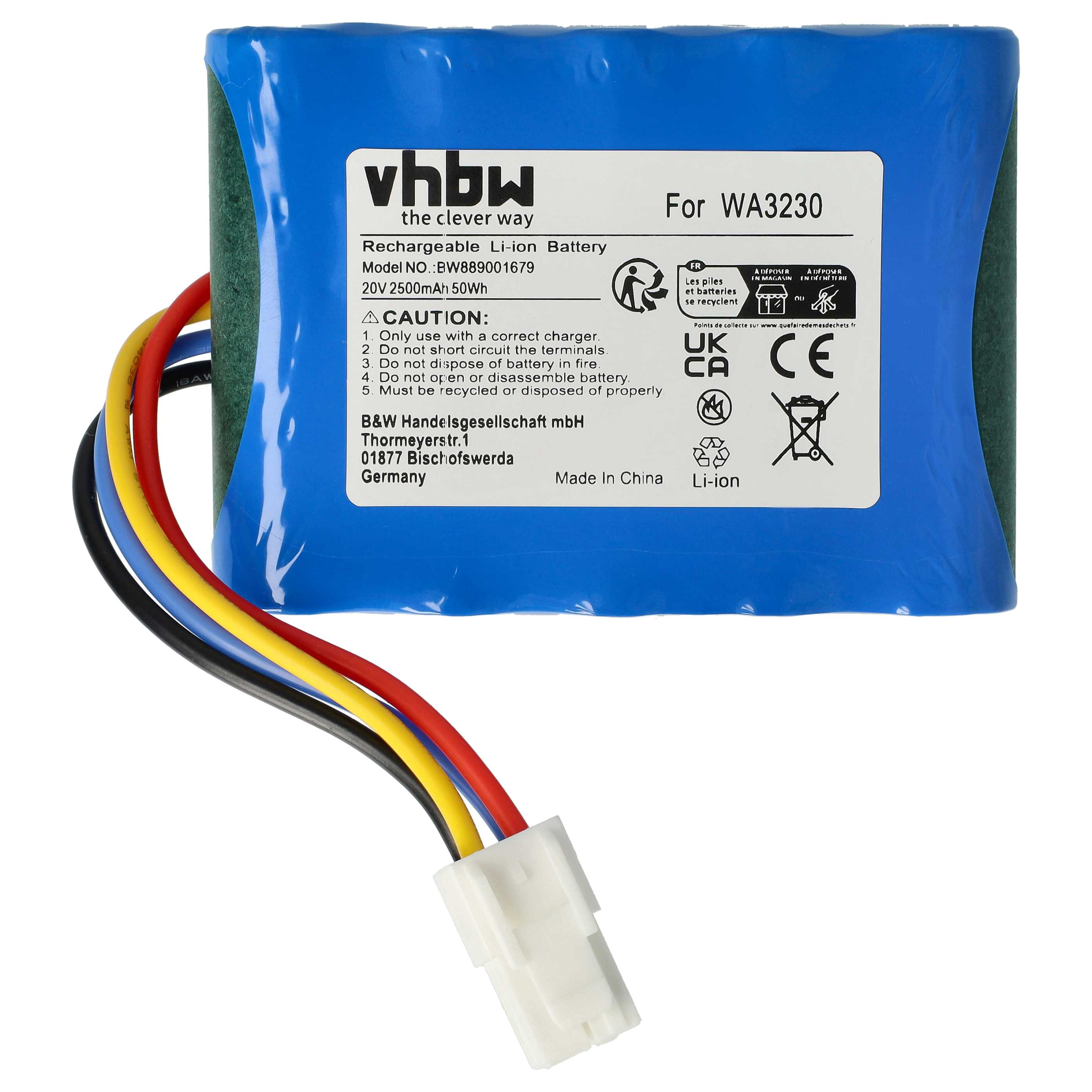 Blauer Akku mit weißem Etikett und farbigen Drähten. Text enthält 'vhbw', 'Rechargeable Li-ion Battery' und Sicherheitshinweise.