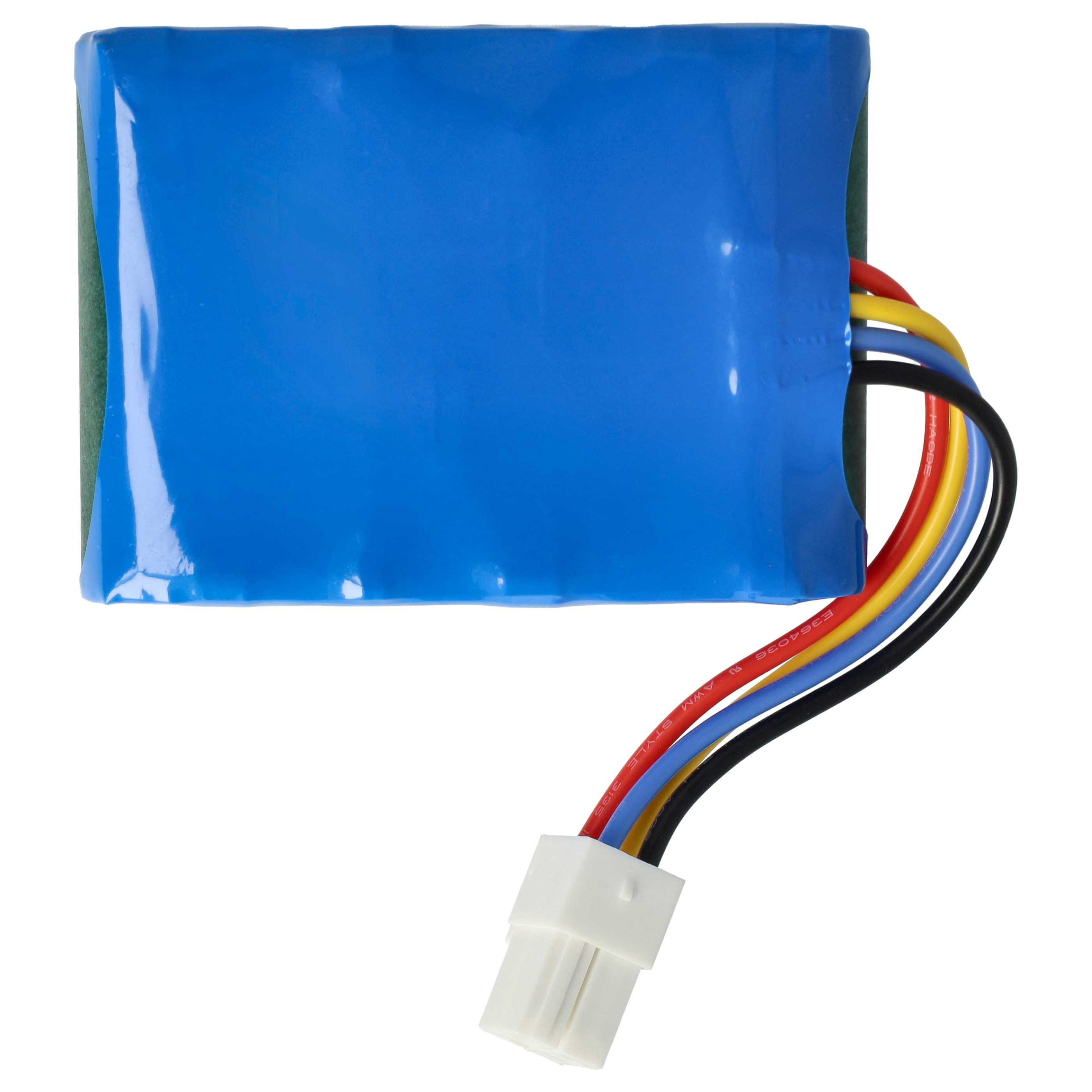 Blauer rechteckiger Akku mit farbigen Drähten und einem weißen Stecker vor weißem Hintergrund.