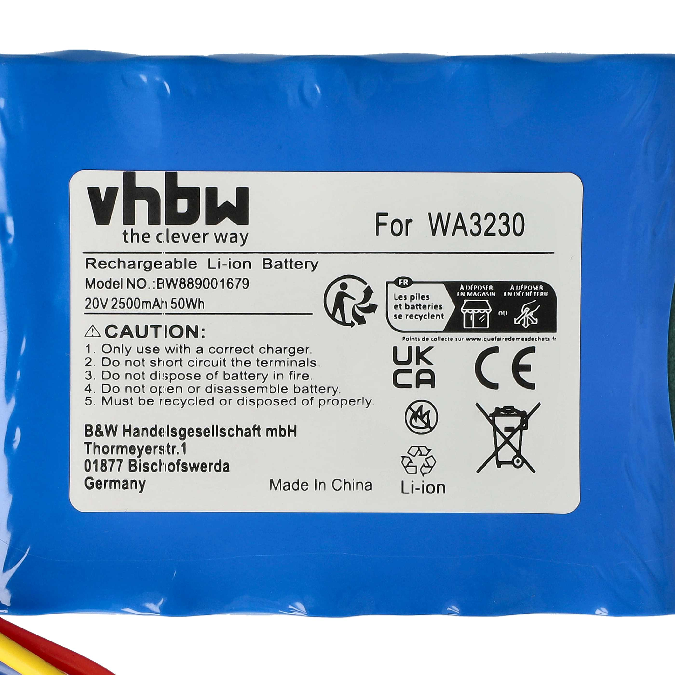 Ein blauer Li-Ion-Akku mit weißem Etikett, das Produktinformationen und Recycling-Symbole enthält.