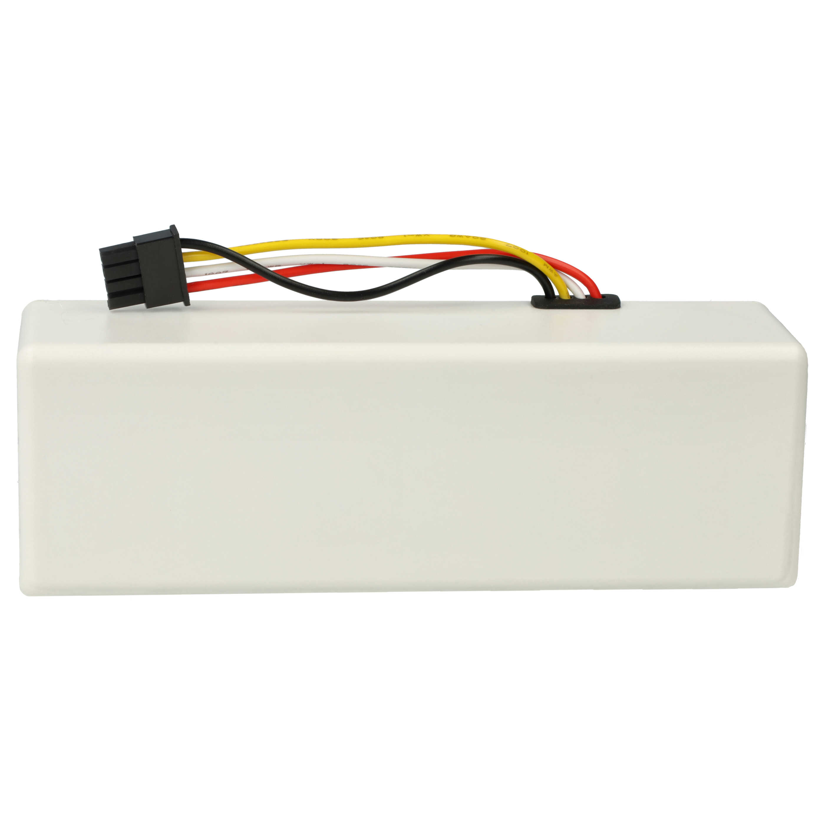 Ein weißes, rechteckiges Batteriepack mit schwarzen, gelben, roten und weißen Drähten, die mit einem schwarzen Stecker verbunden sind.