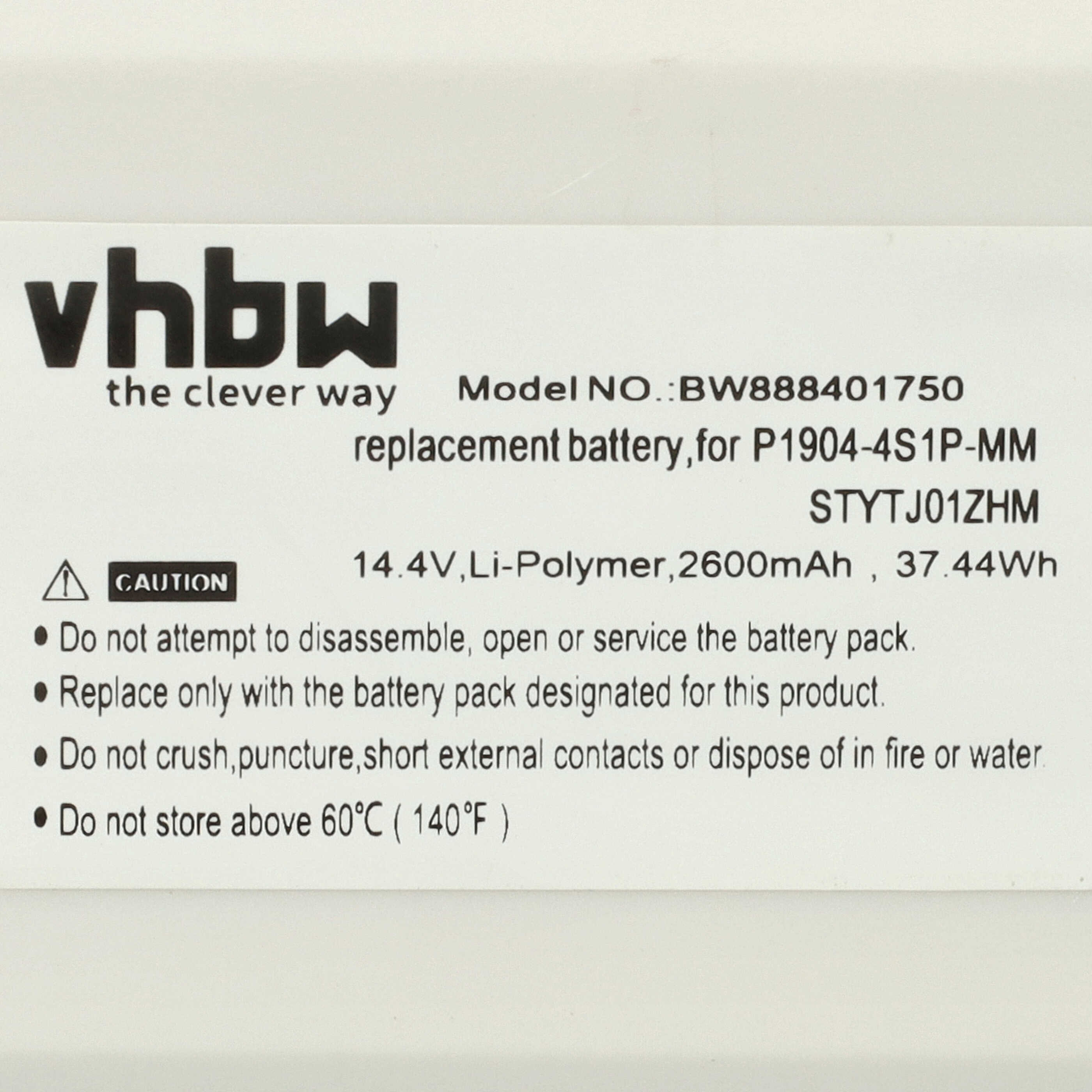 Ein weißes Etikett mit schwarzem Text. Es listet Batterieangaben, Modellnummer und Warnhinweise auf. Text enthält 'VORSICHT' und Sicherheitshinweise.