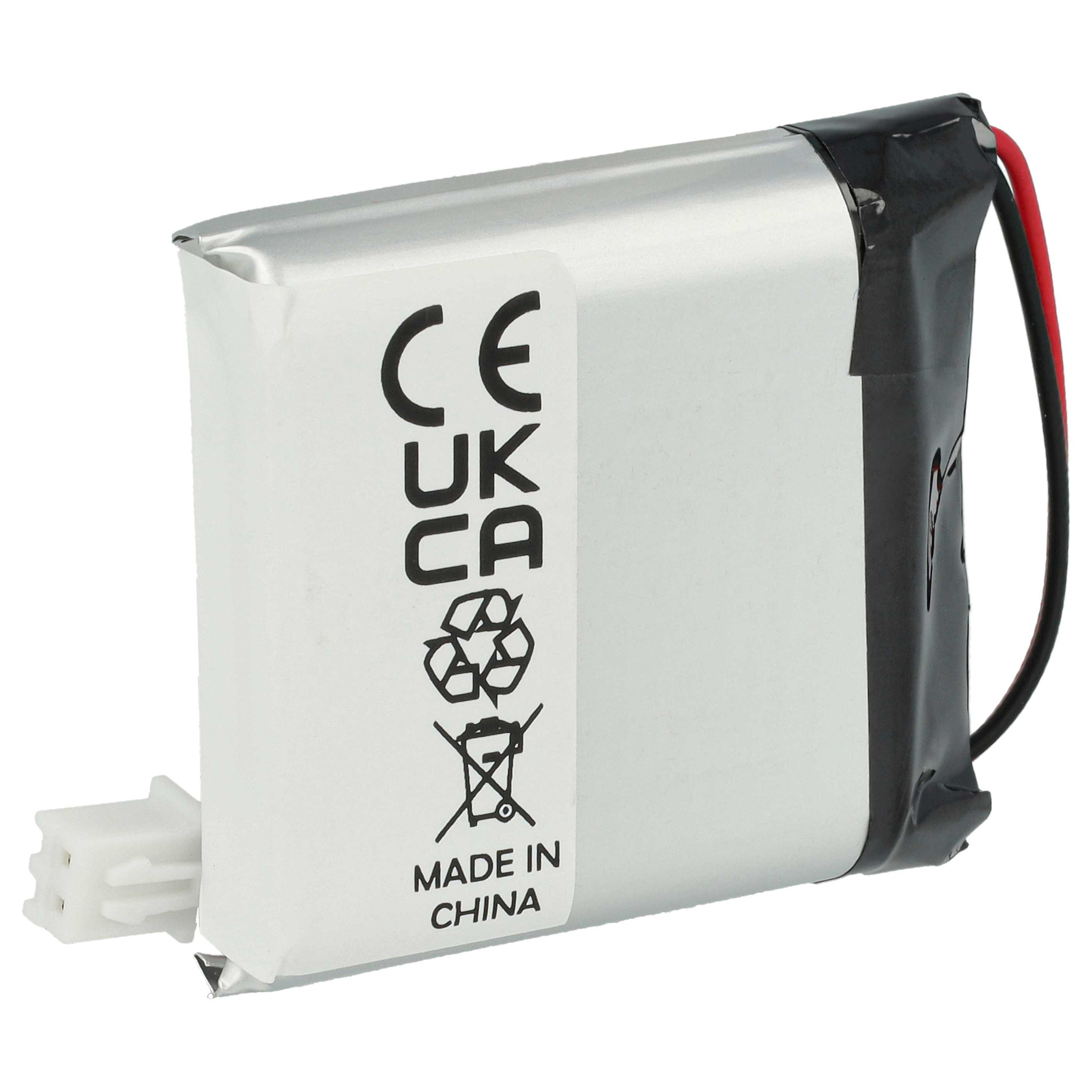 Ein rechteckiger Akku mit einem weißen Etikett mit CE-, UKCA-Symbolen und einem Recycling-Symbol mit dem Text 'MADE IN CHINA'.