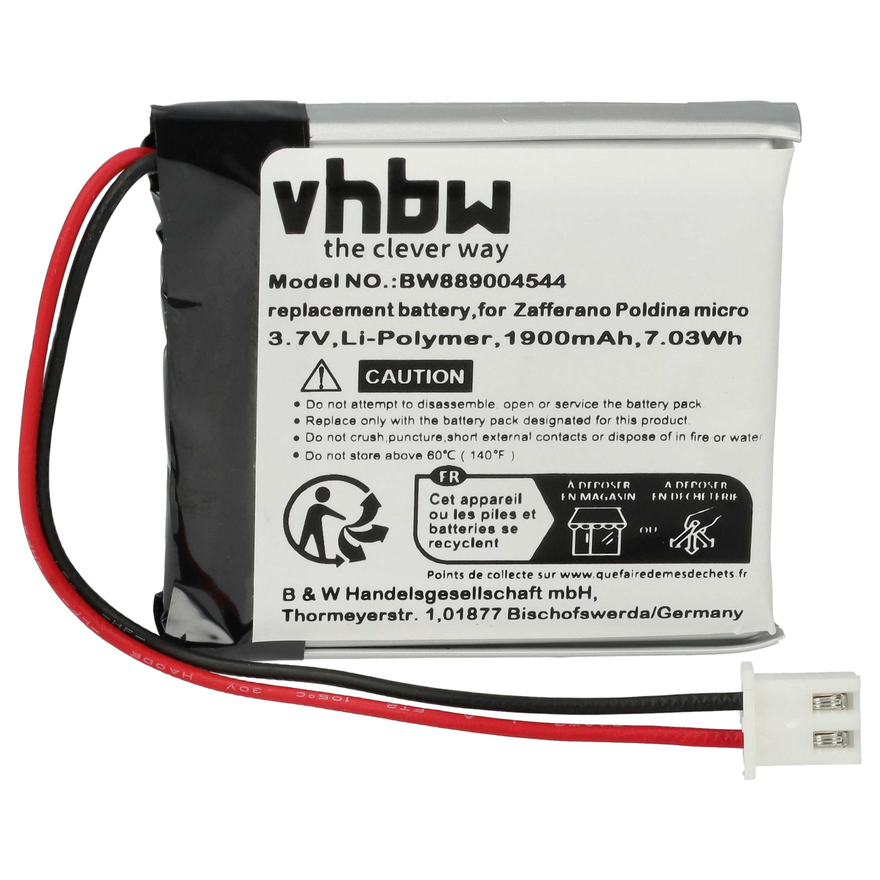 Eine Batterie mit Text und Drähten. Sie hat ein weißes Etikett mit schwarzen und roten Drähten. Es ist mit "vhbw" beschriftet.