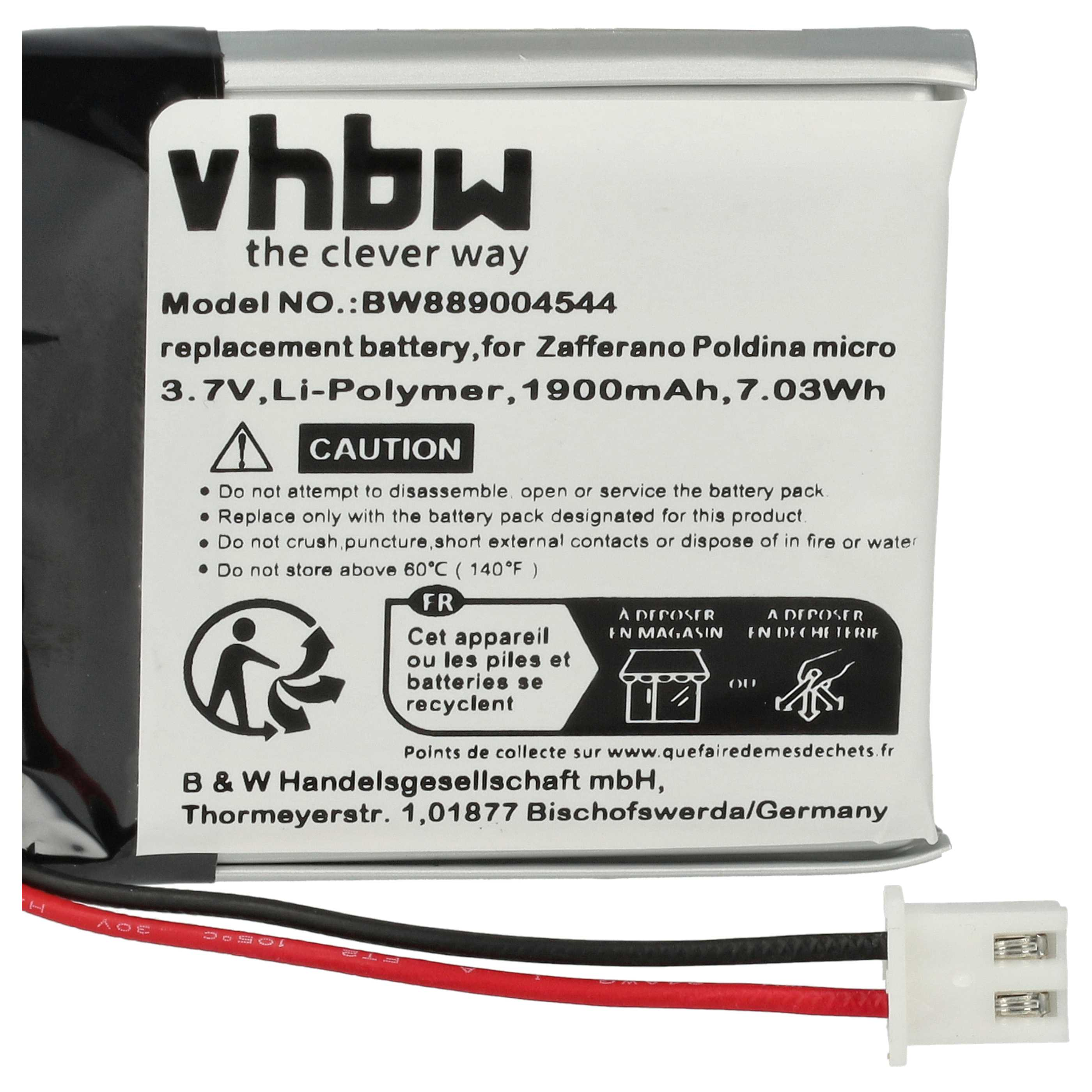 Weiß-schwarzer Akku mit Text, Kabeln und Stecker. Enthält Recyclinghinweise und Warnungen.
