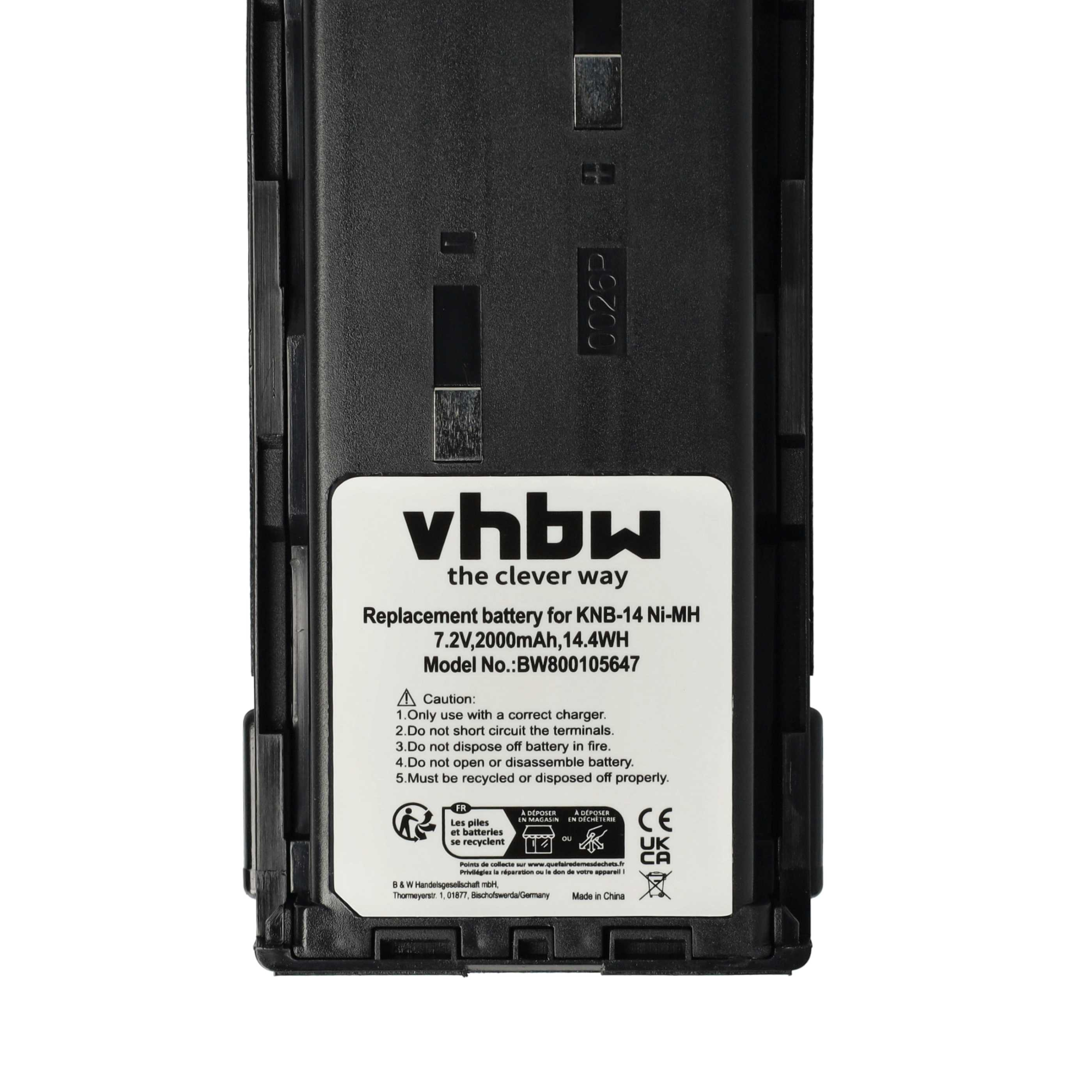 Schwarzer Akku mit weißem Etikett: vhbw, Ersatzakku KNB-14 Ni-MH, Vorsichtshinweise, Recyclingsymbole, CE, UK, CA-Kennzeichen.
