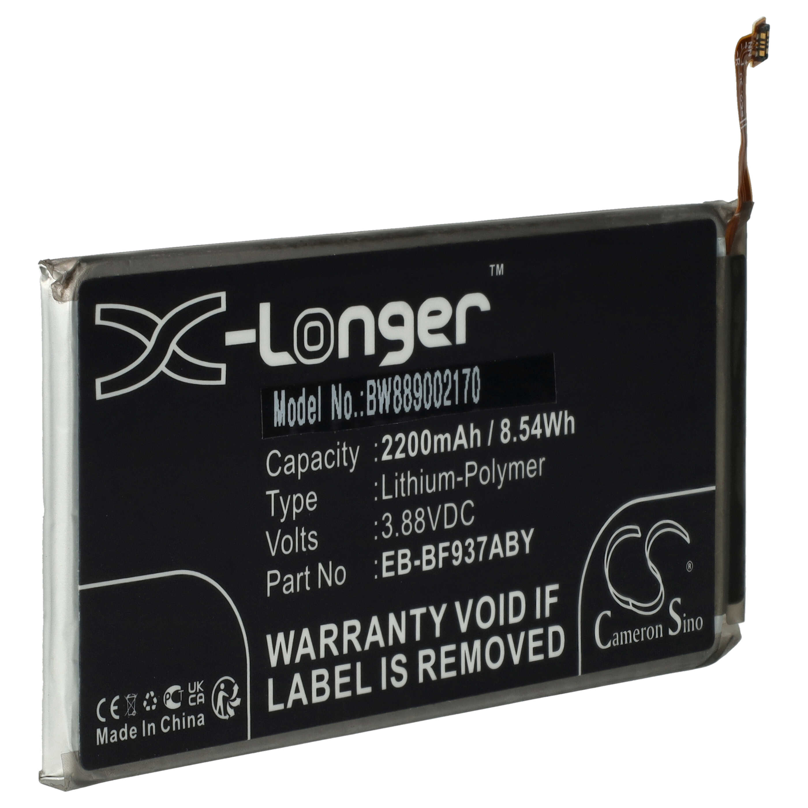 Schwarzer Akku mit weißem Text: X-longer, Modell-Nr.: BW889002170, Kapazität 2200mAh, Garantie erlischt bei Entfernung des Etiketts.