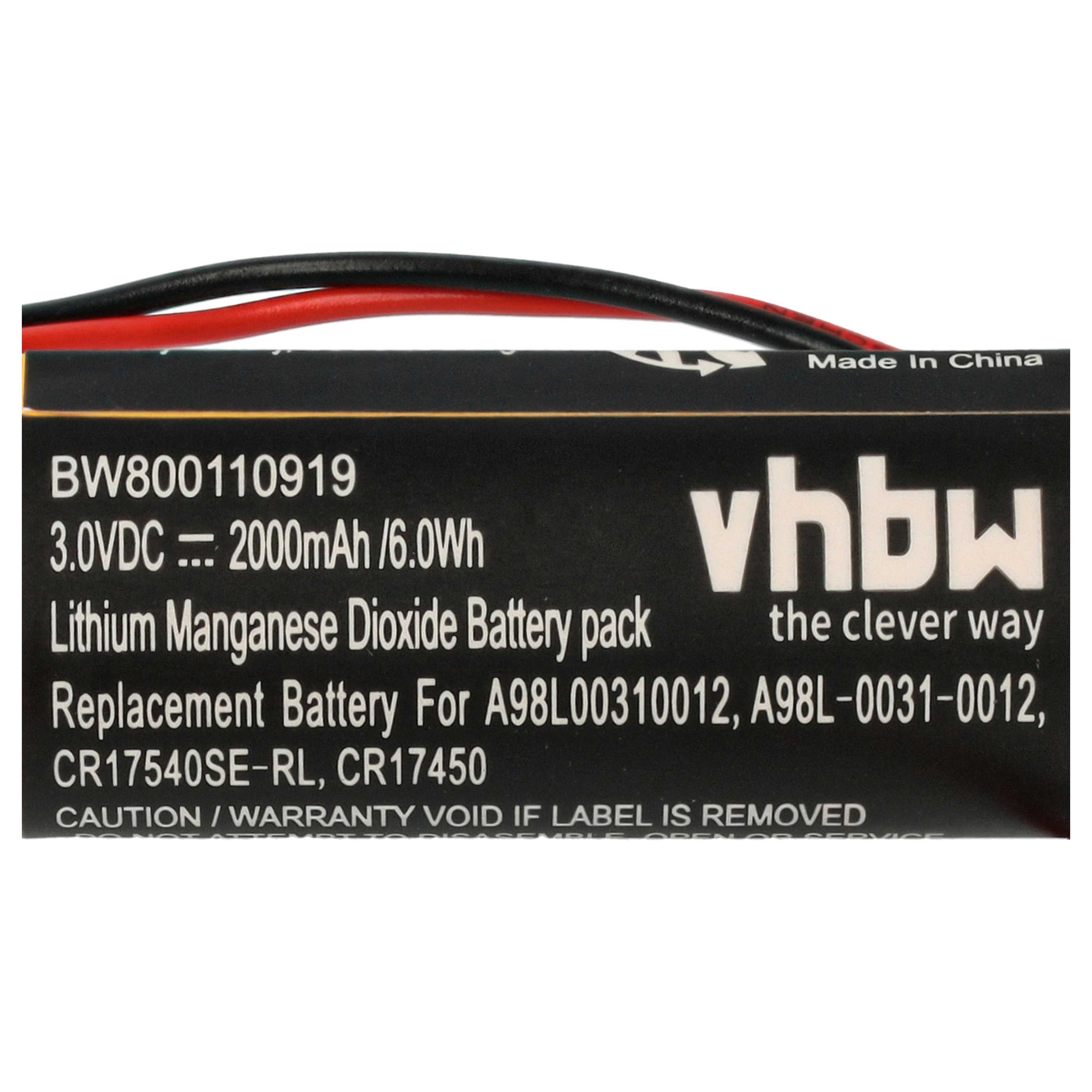 Batteriepack-Etikett mit Text: '3.0VDC, 2000mAh'. Drähte sind rot und schwarz. Hergestellt in China.