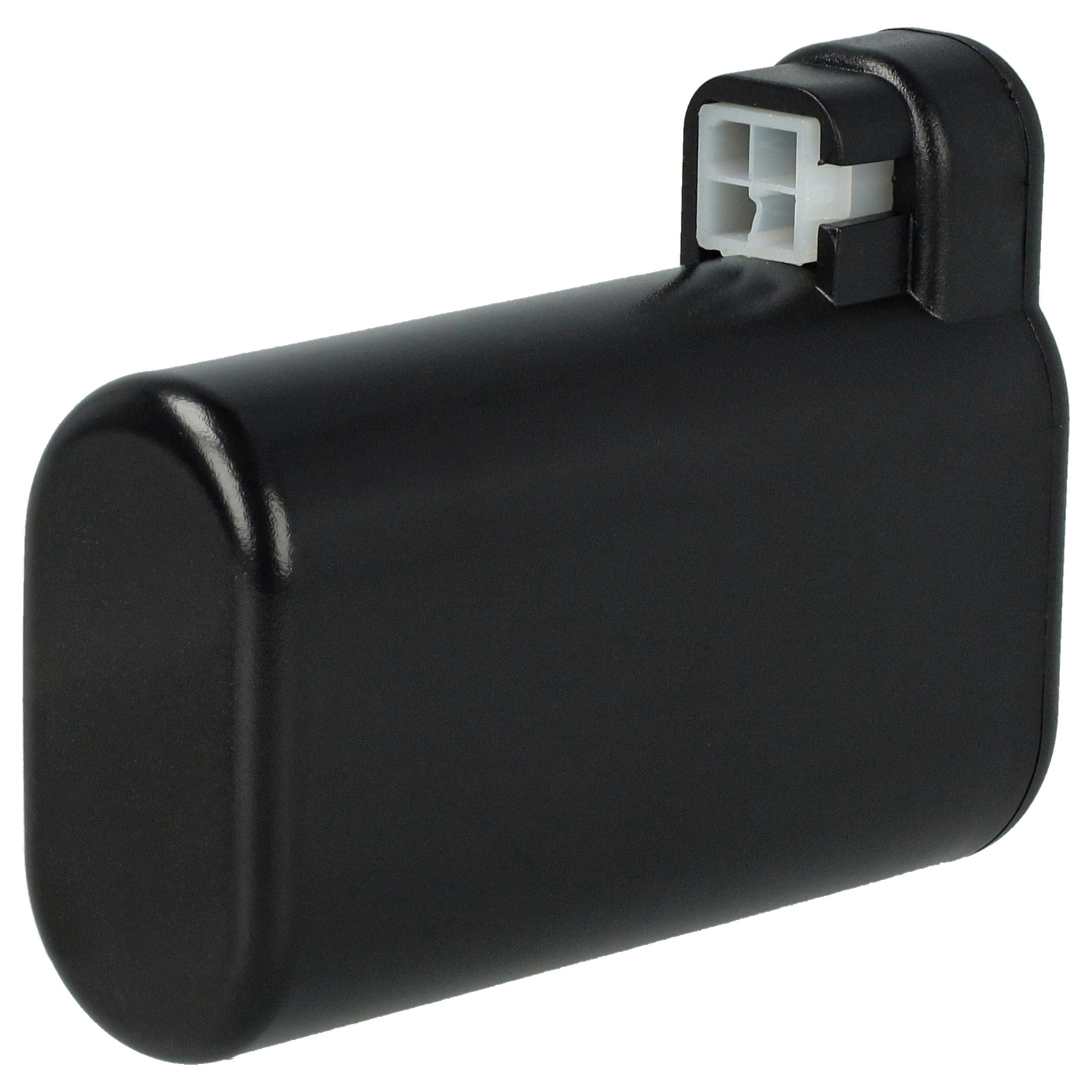 Eine schwarze, rechteckige Komponente mit einem weißen Stecker oben, vor weißem Hintergrund.