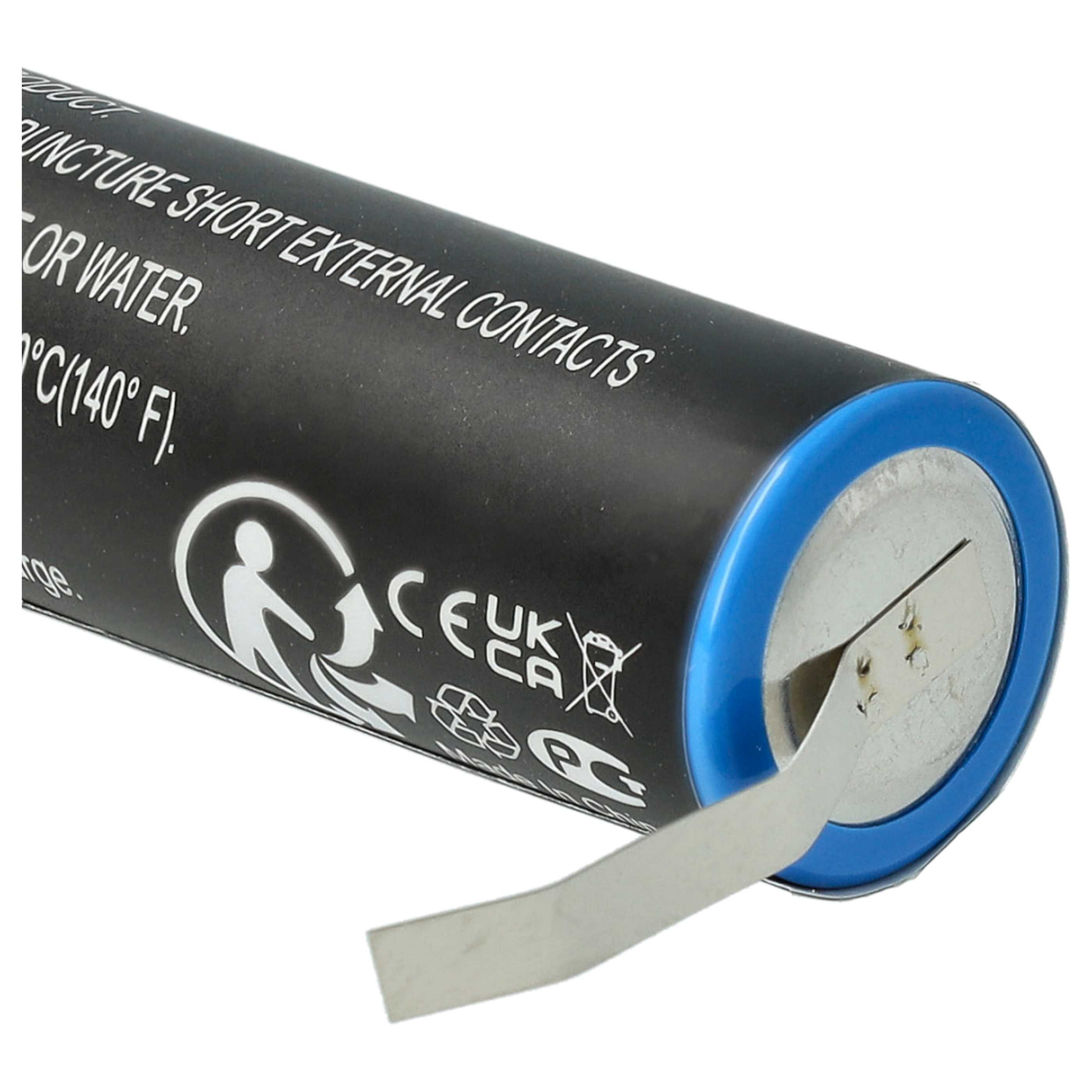 Eine schwarze Batterie mit blauen Rändern und einem Metallstreifen. Weißer Text lautet: 'Puncture Short External Contacts'.