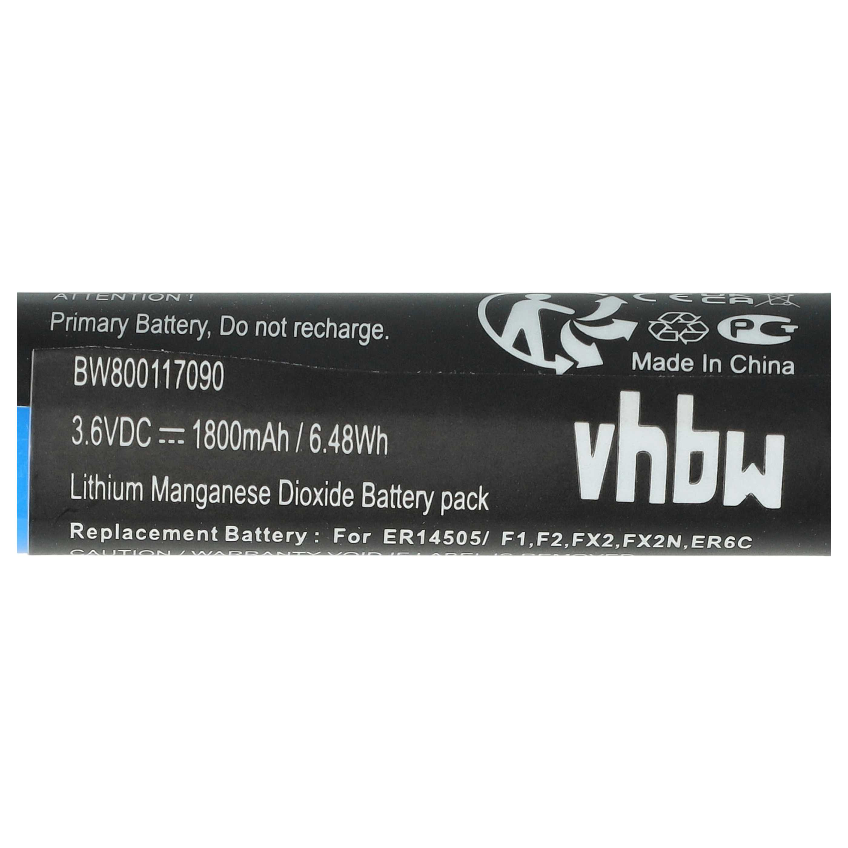 Schwarzes Akkupack mit weißem Text. Enthält Produktinfo: 3,6 VDC, 1800 mAh, Lithium-Mangandioxid. Hergestellt in China.