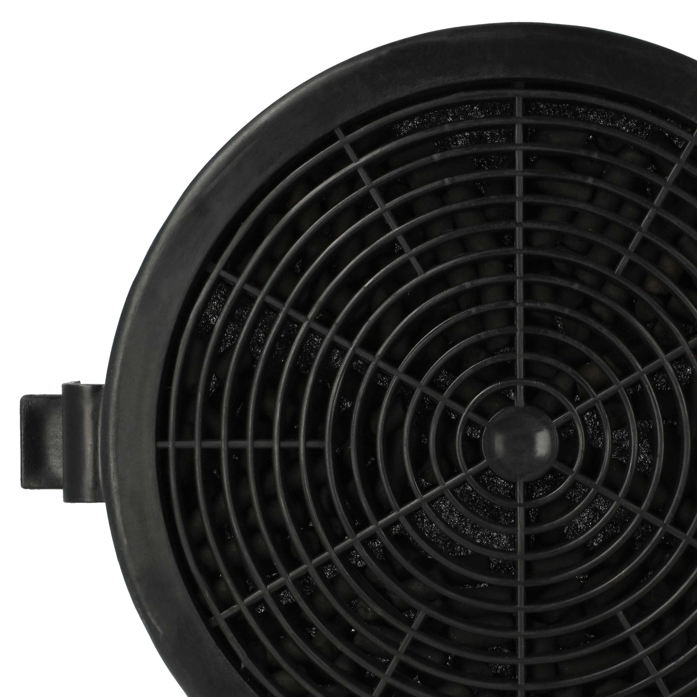 Nahaufnahme eines schwarzen Aktivkohlefilters mit Gitterdesign vor weißem Hintergrund.