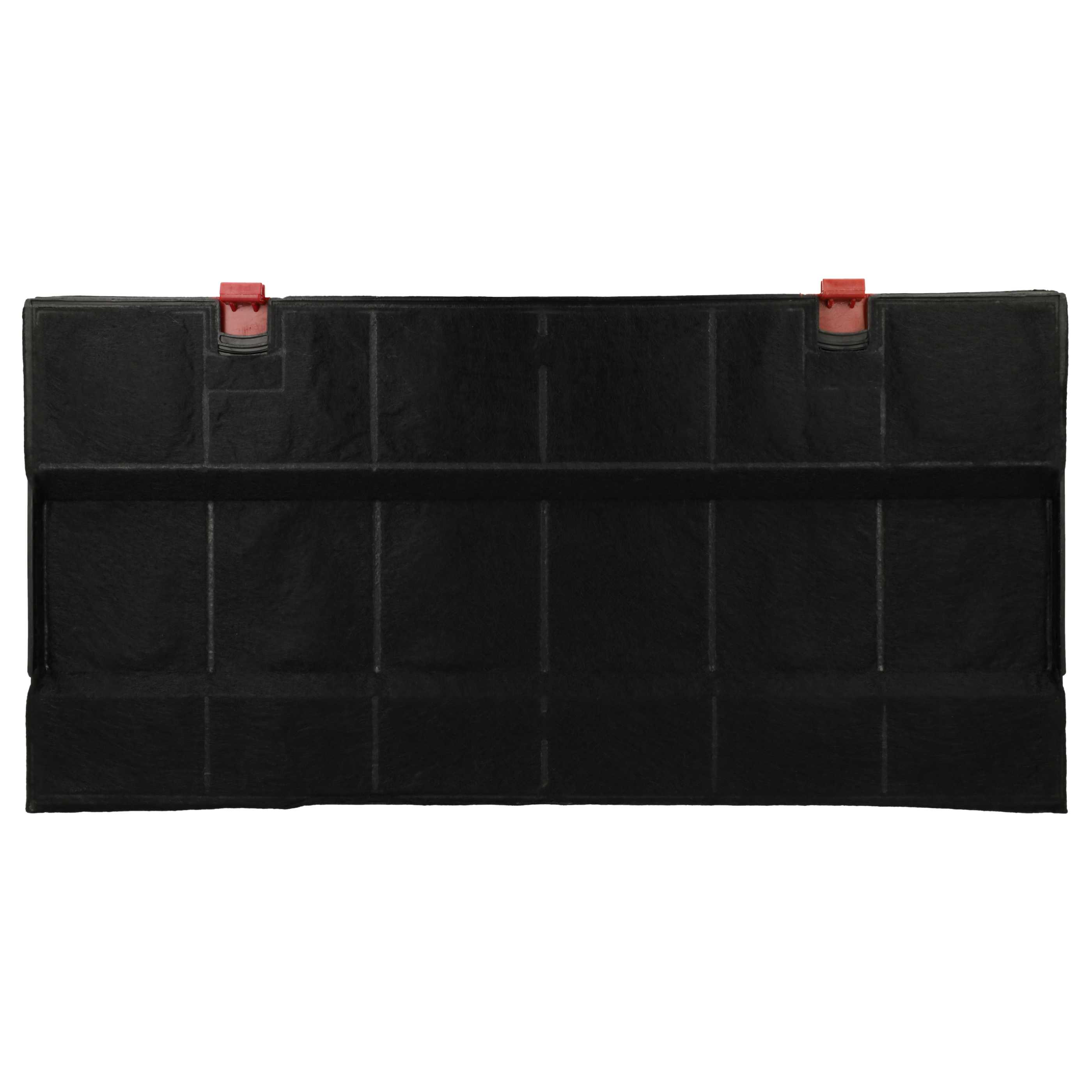 Ein rechteckiger, schwarzer Luftfilter mit roten Clips auf jeder Seite, isoliert auf weißem Hintergrund.