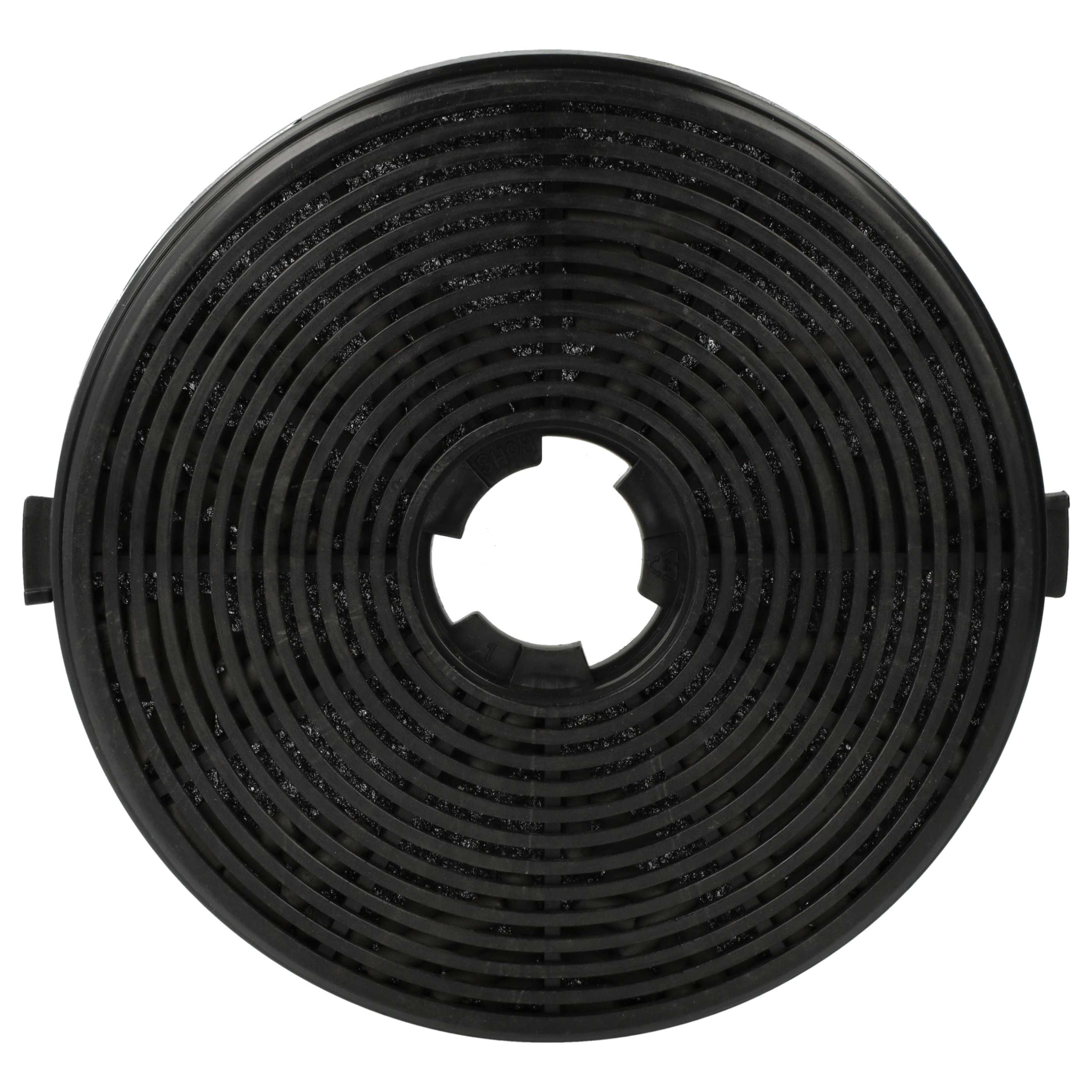 Ein schwarzer, kreisförmiger Luftfilter mit konzentrischen Rippen. Er hat eine zentrale Öffnung und ist vor weißem Hintergrund.