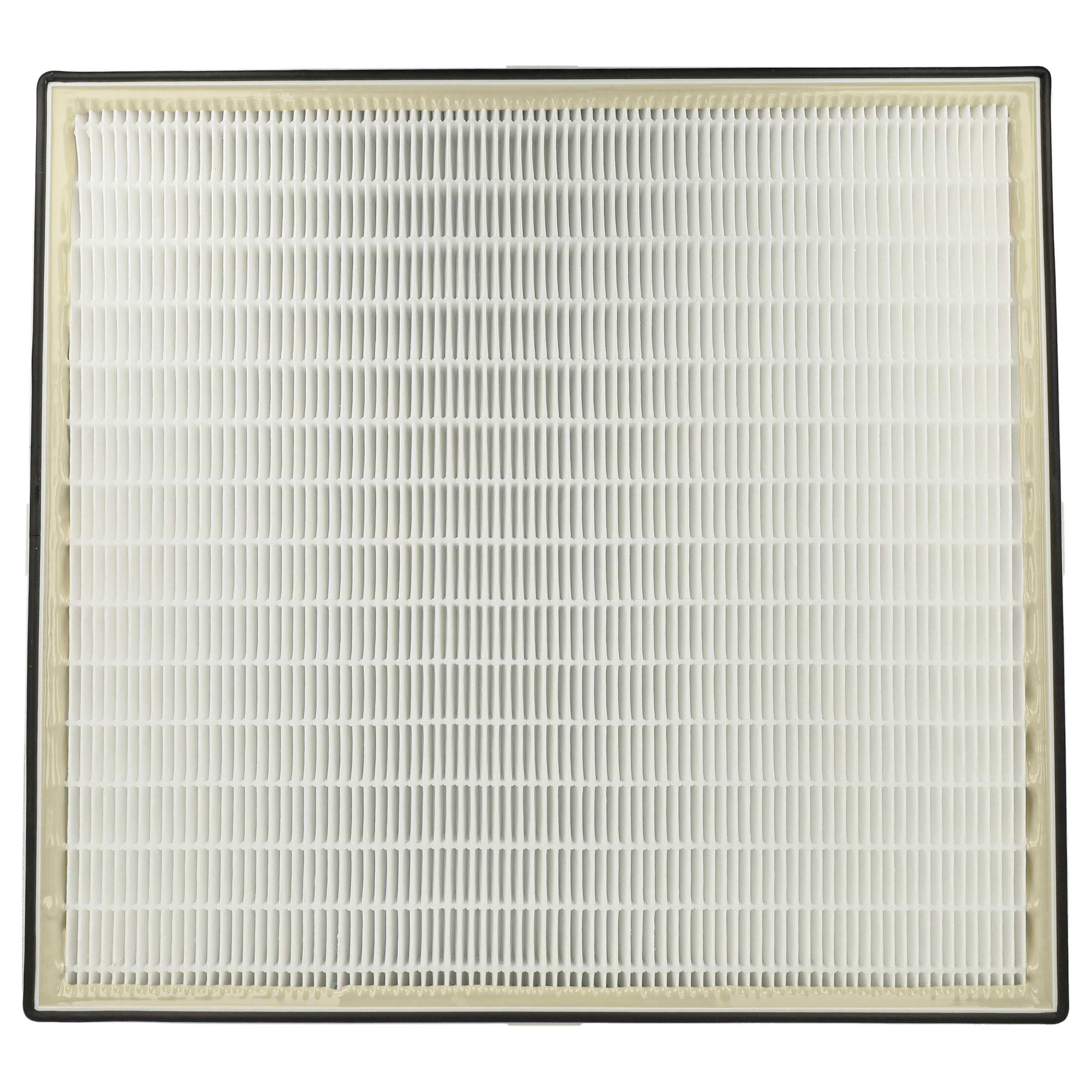 Luftfilter mit weißem, plissiertem Material in einem schwarzen Rahmen. Der Filter scheint neu zu sein.