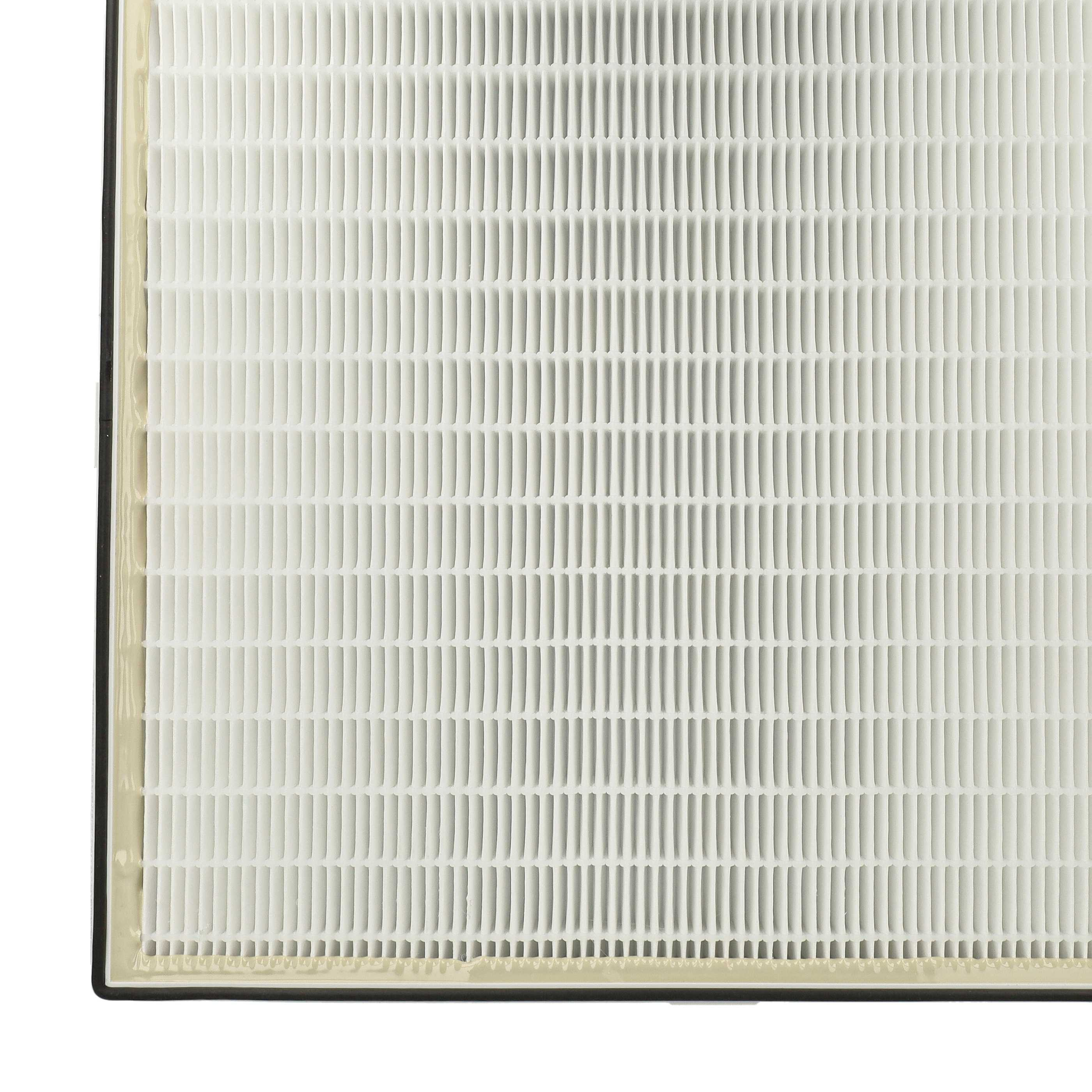 Nahaufnahme eines Luftfilters. Es ist ein Gitter aus vertikalen weißen Rippen. Die Ränder sind schwarz und beige.