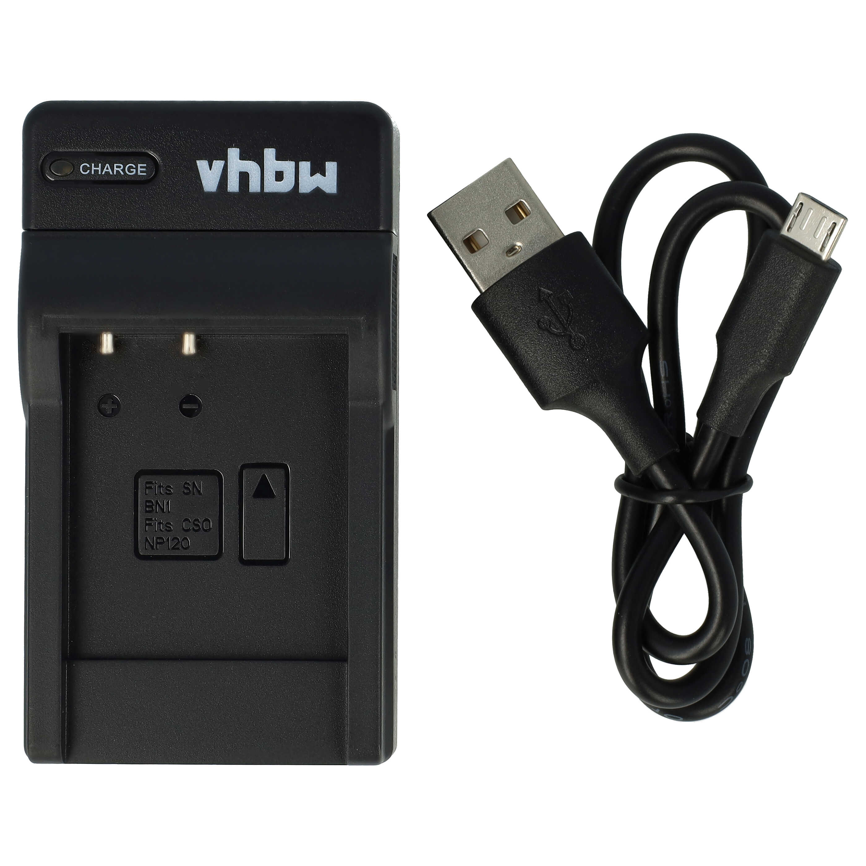 Schwarzes vhbw-Batterieladegerät mit USB-Kabel. Das Ladegerät hat eine Ladeanzeige. Weißer Hintergrund.