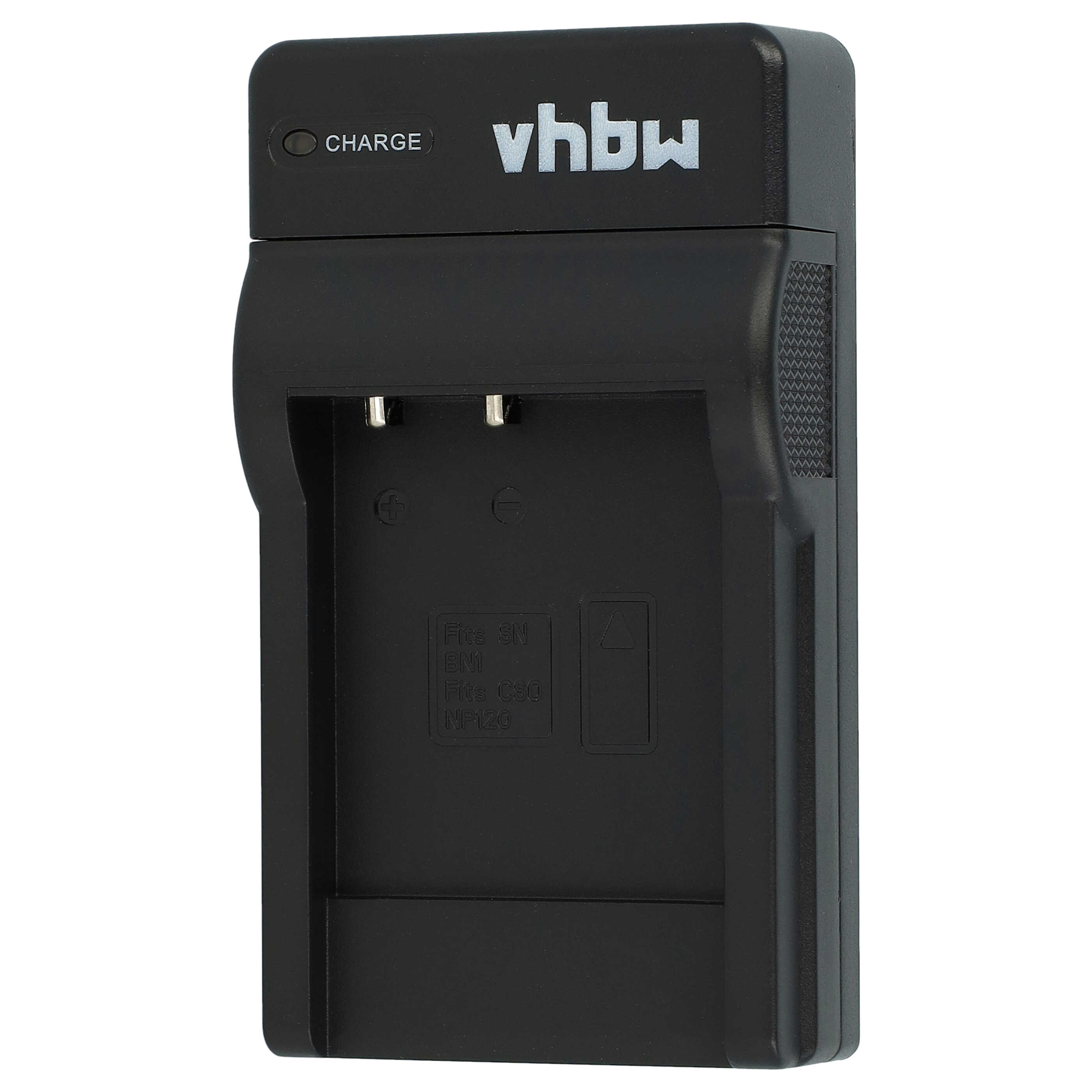Schwarzes Vhbw-Batterieladegerät. Oben befindet sich eine Ladeanzeige. Vorderseite mit Schlitzen und Text: Fits SN, BN1, Fits CS0, NP120.
