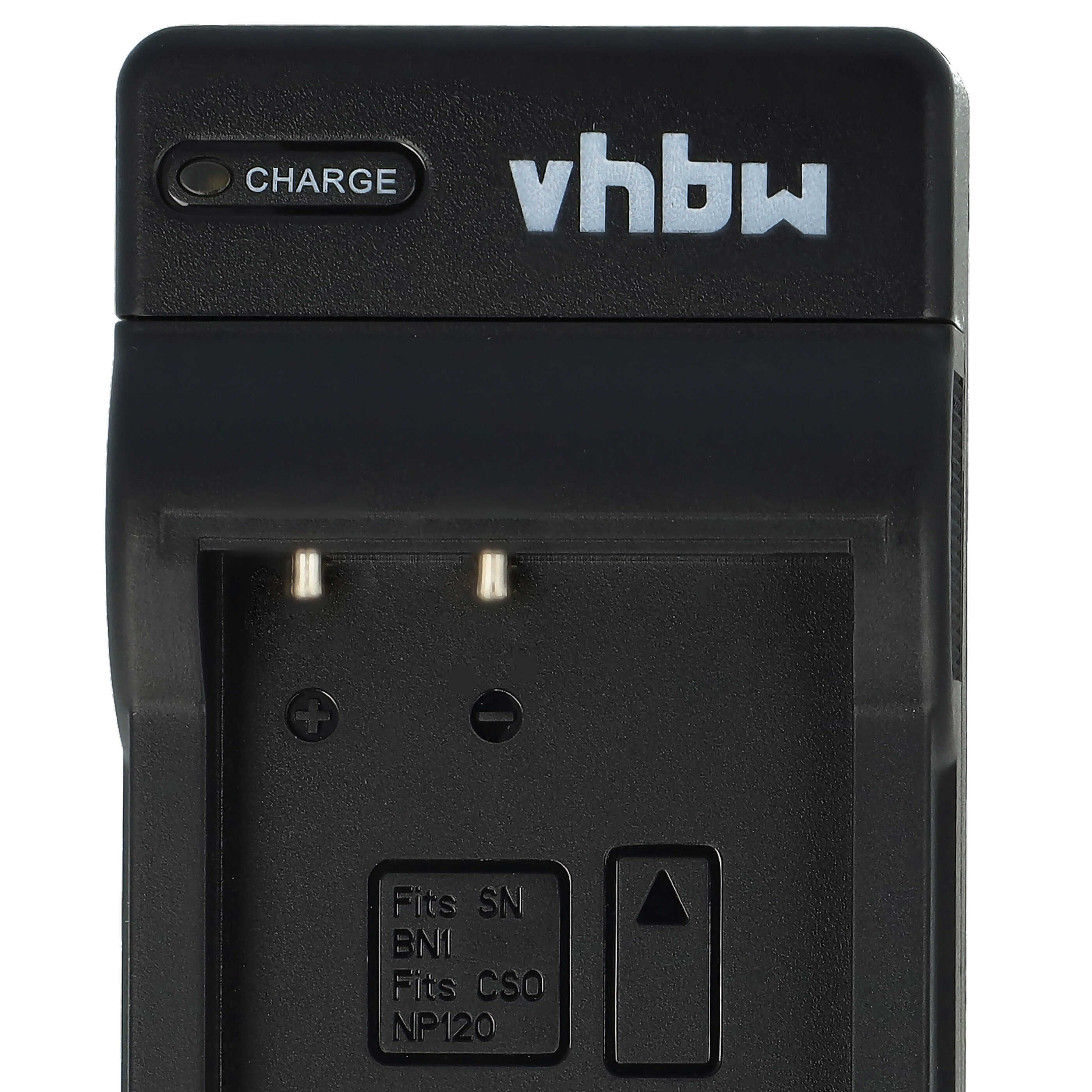 Schwarzes vhbw-Ladegerät. Hat eine 'CHARGE'-Anzeige. Es passt für SN-, BN1-, CSO NP120-Akkus. Mit Plus- und Minuszeichen.