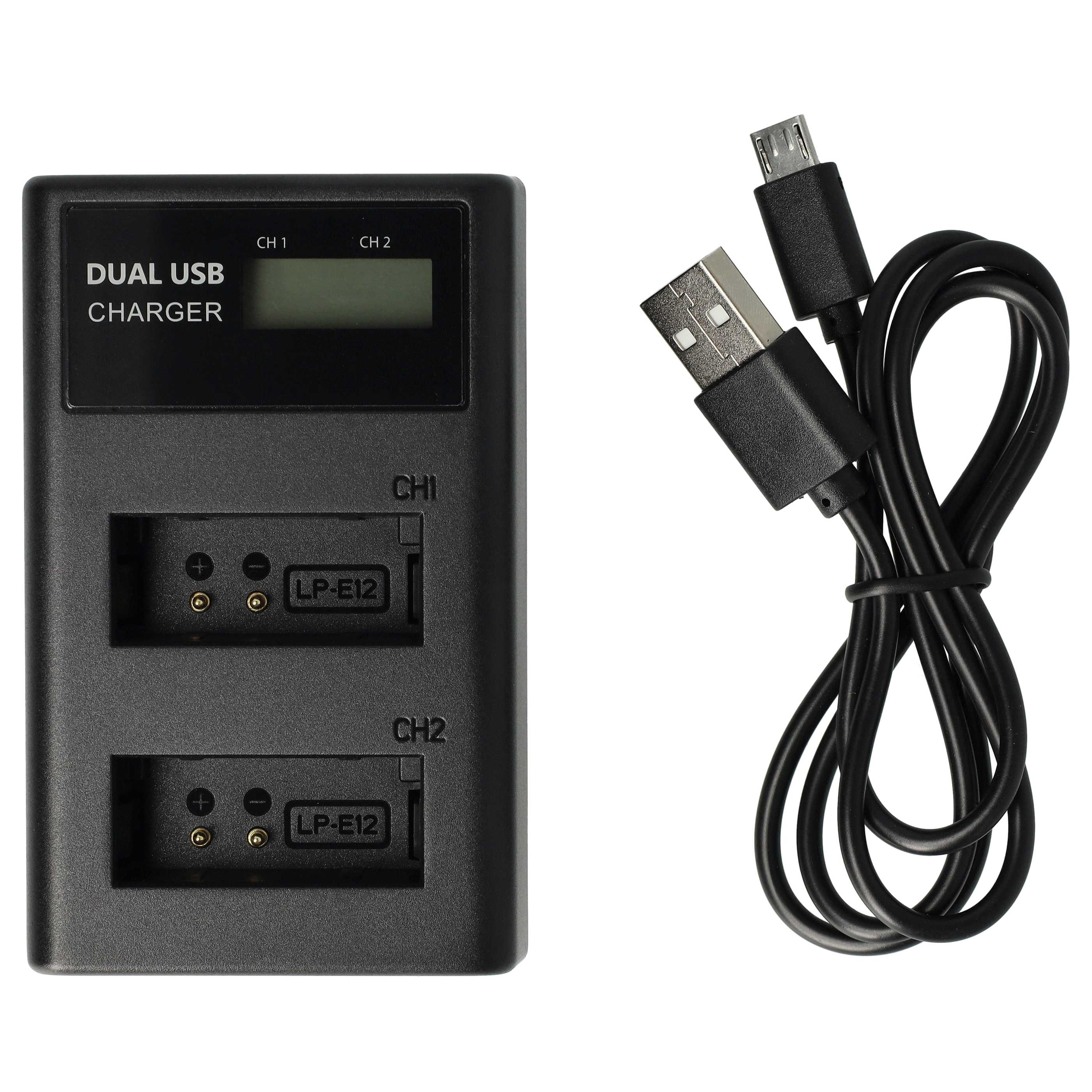 Schwarzes Dual-USB-Ladegerät mit zwei Steckplätzen für Batterien und einem schwarzen USB-Kabel.