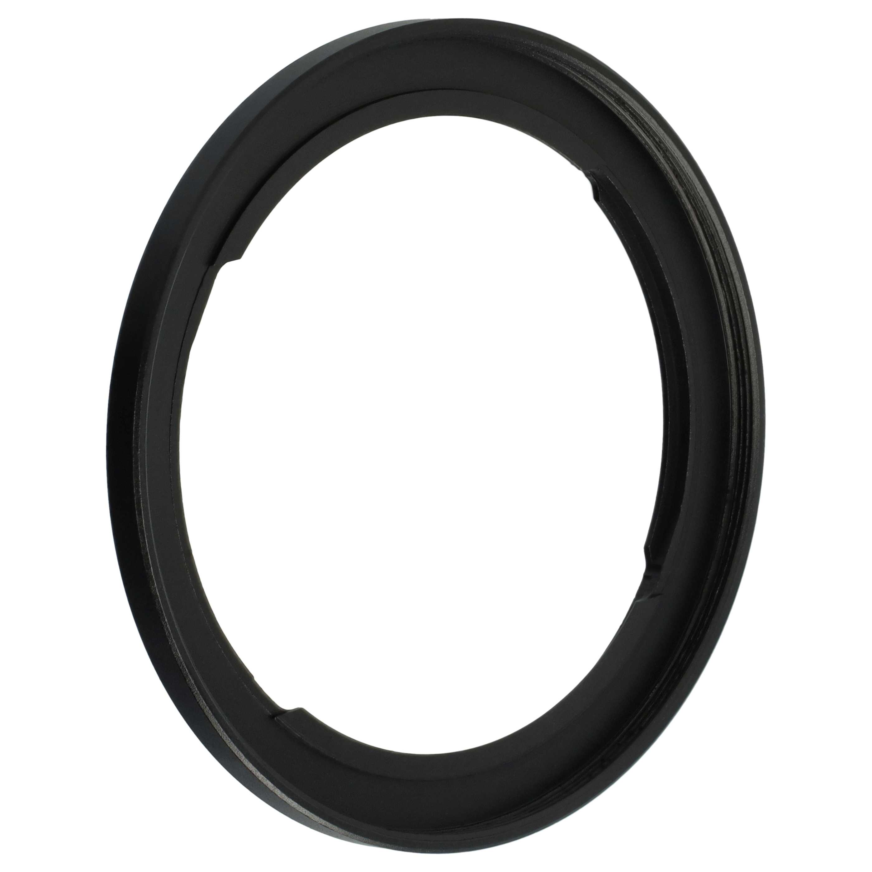 Ein schwarzer Ring, möglicherweise ein Kameraobjektivadapter, ist auf weißem Hintergrund zentriert. Der Ring hat eine glatte, matte Oberfläche.
