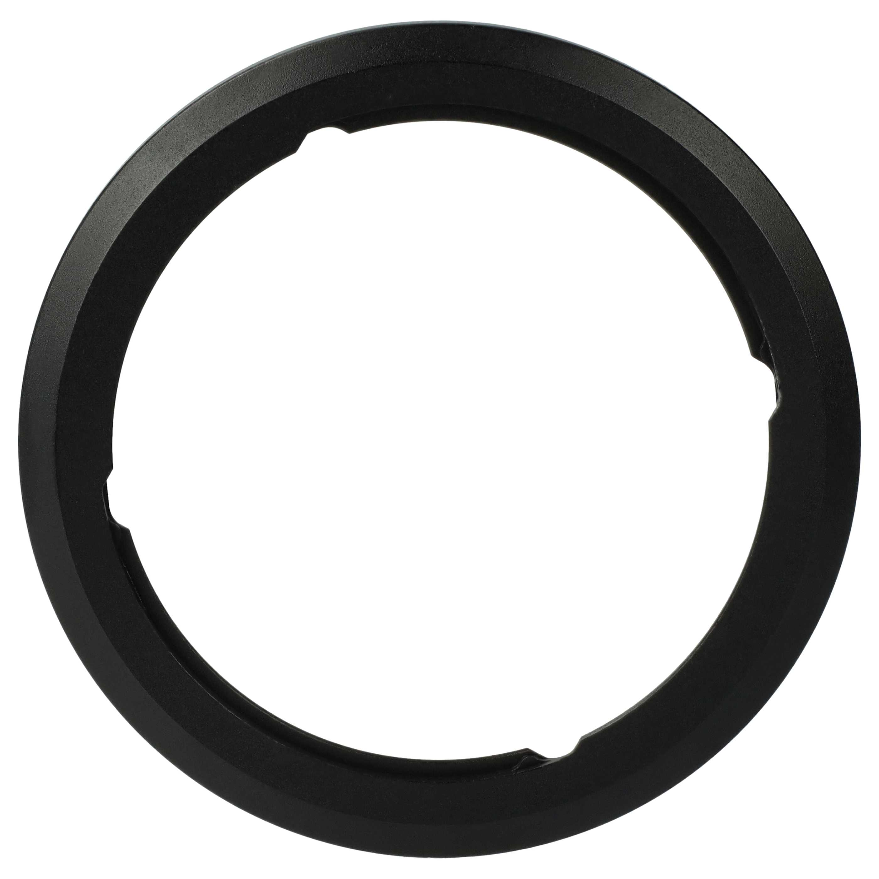 Ein schwarzer, kreisförmiger Ring mit strukturierter Oberfläche und Aussparungen, isoliert auf weißem Grund.
