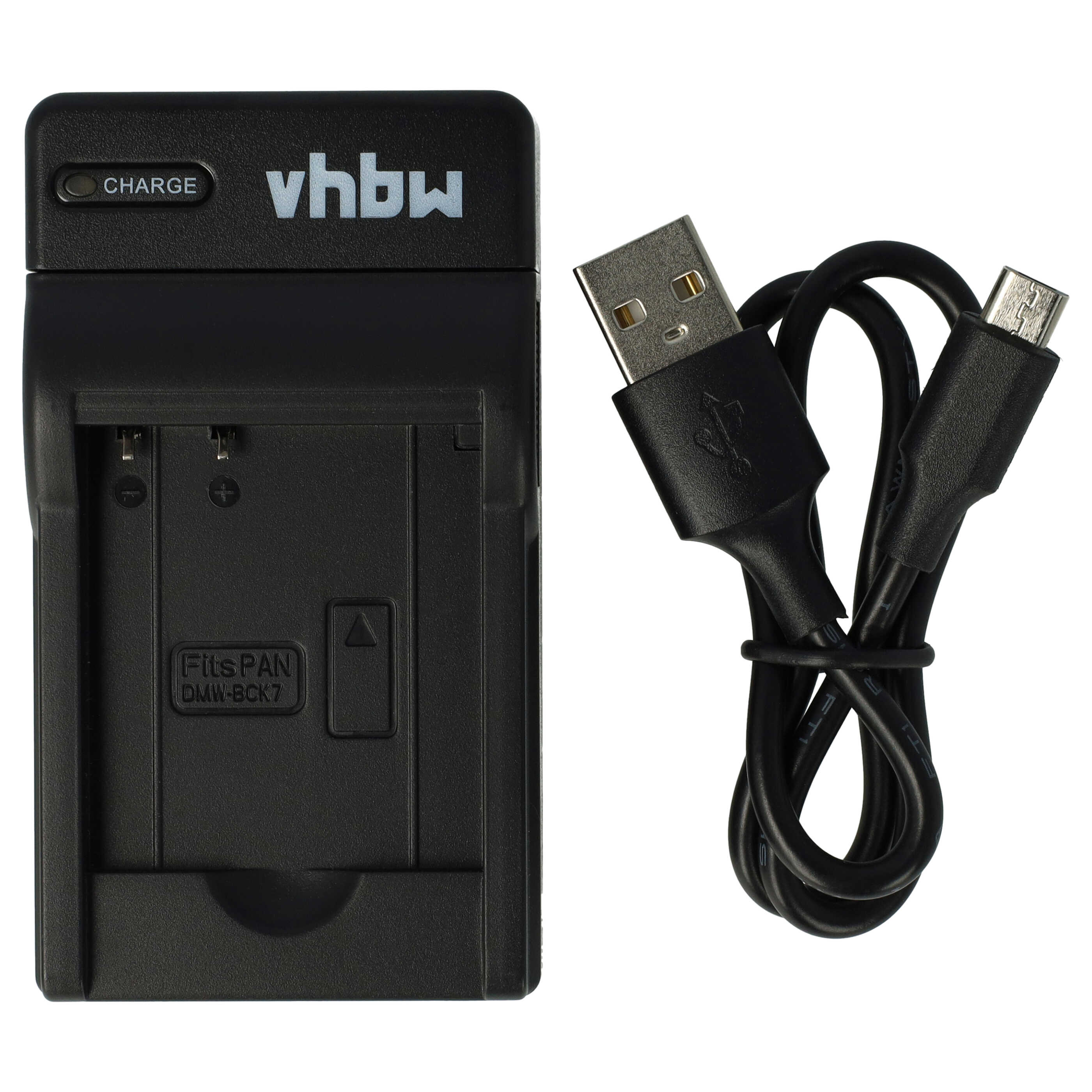 Schwarzes Kamerabatterieladegerät mit USB-Kabel. Ladegerät hat eine 'Charge'-Anzeige und ein 'vhbw'-Logo. Das Kabel ist schwarz.