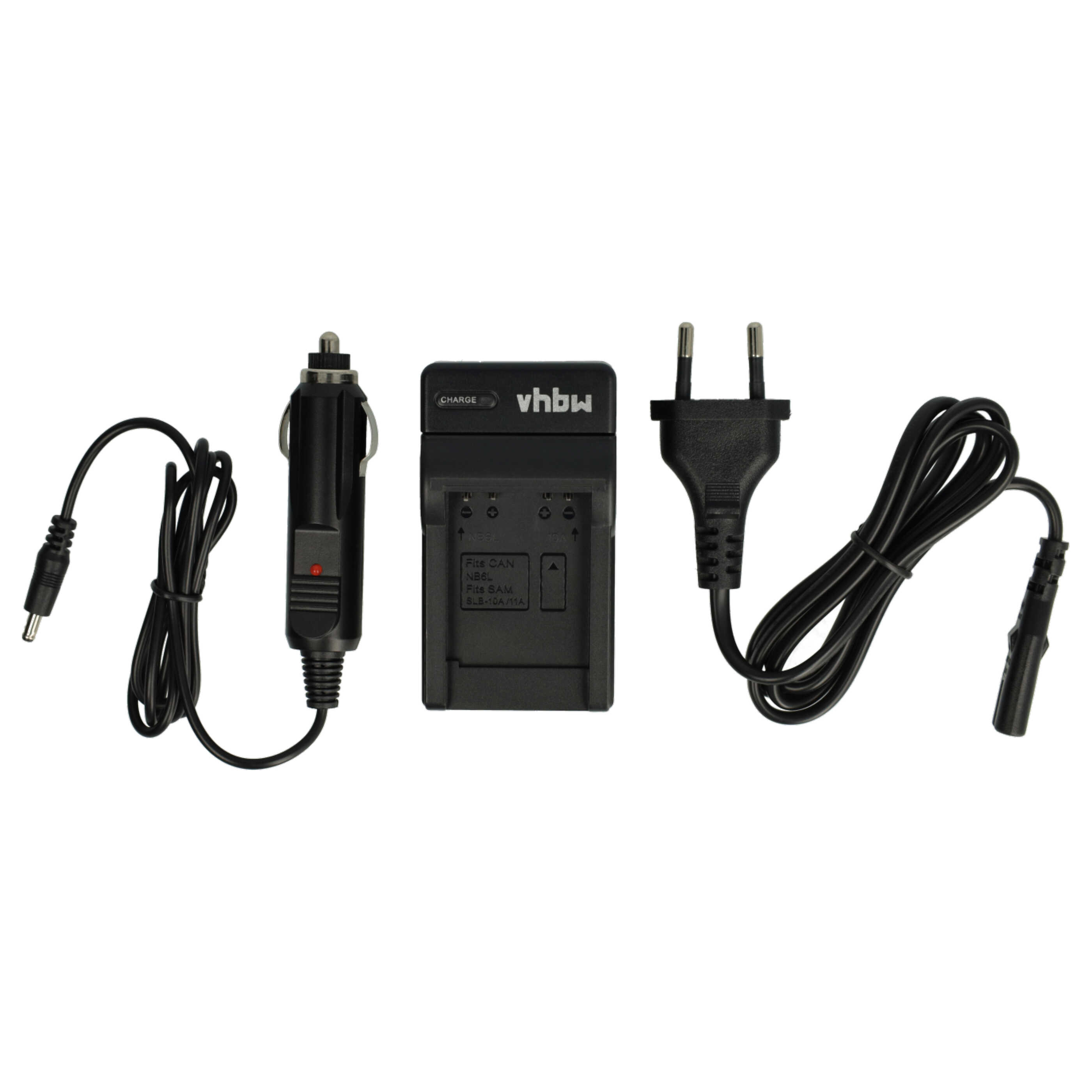 Ein schwarzes Ladegerät-Kit mit Auto-Adapter, Ladegerät und Netzstecker. Alles auf weißem Hintergrund.