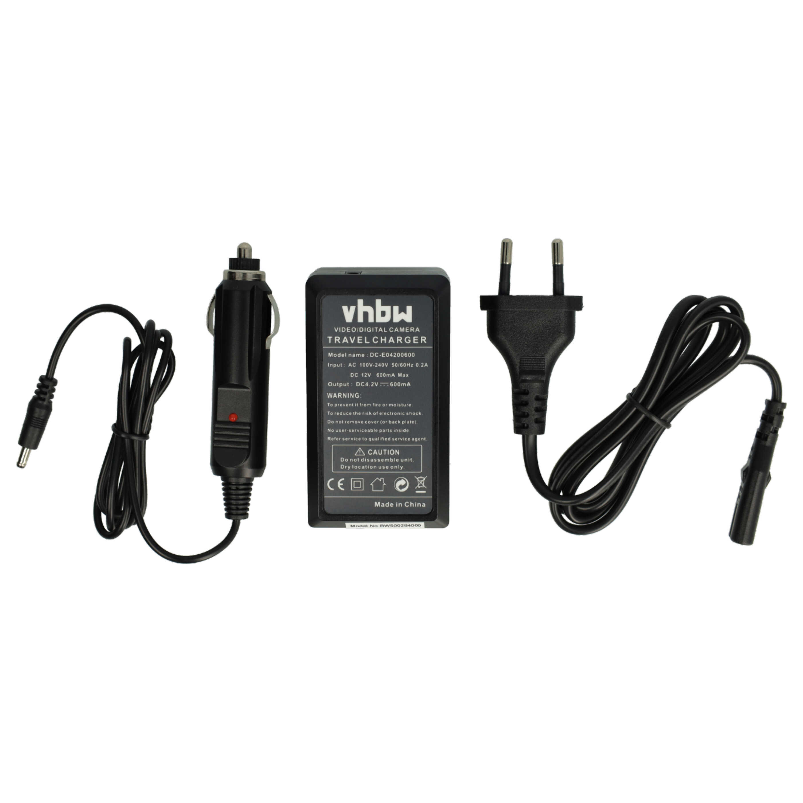 Das Bild zeigt ein schwarzes Reise-Ladegerät, einen Auto-Adapter und einen Netzstecker mit schwarzen Kabeln.