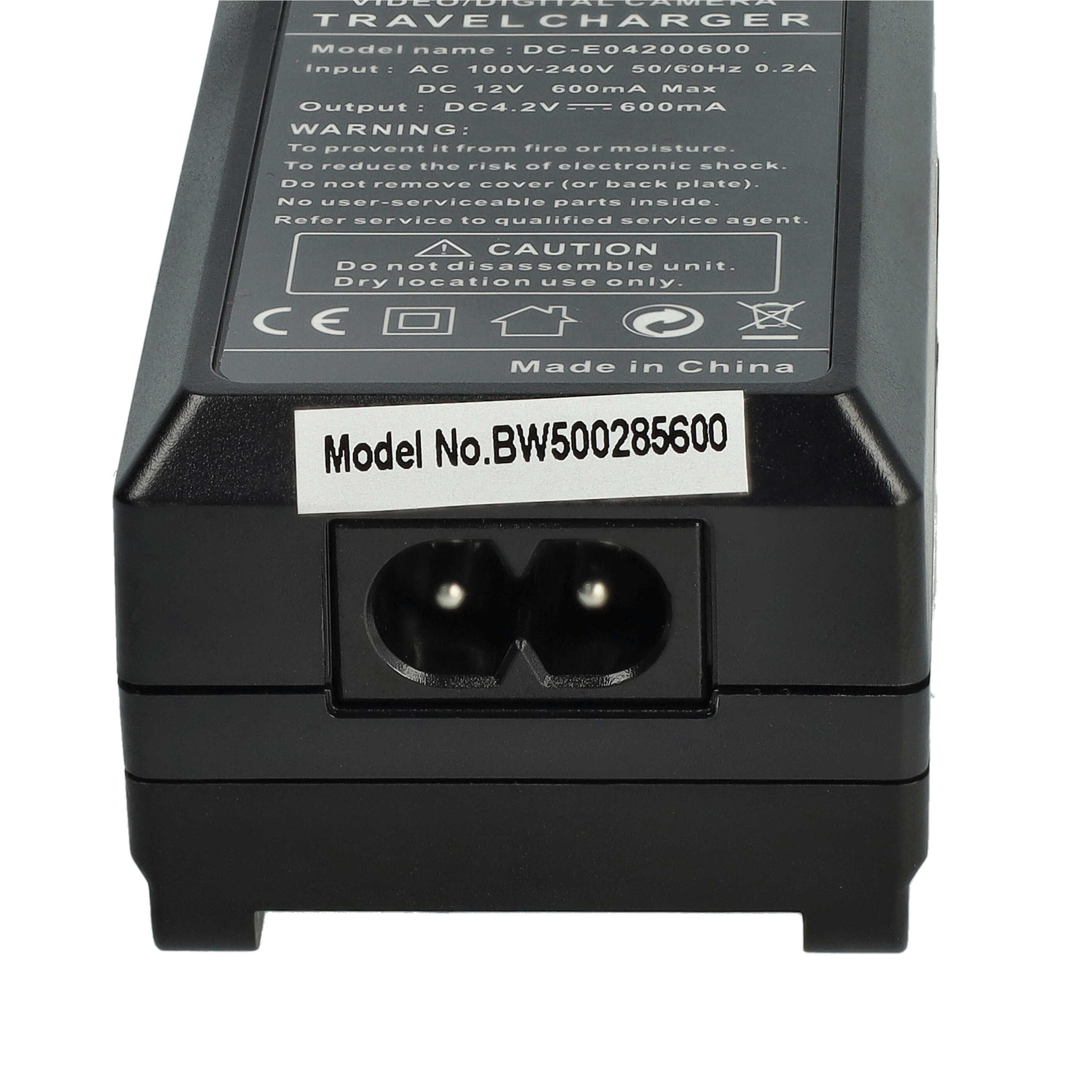 Schwarzes Reise-Ladegerät mit Aufschrift Modell-Nr. BW500285600, Textdetails und Zweipol-Steckdose.