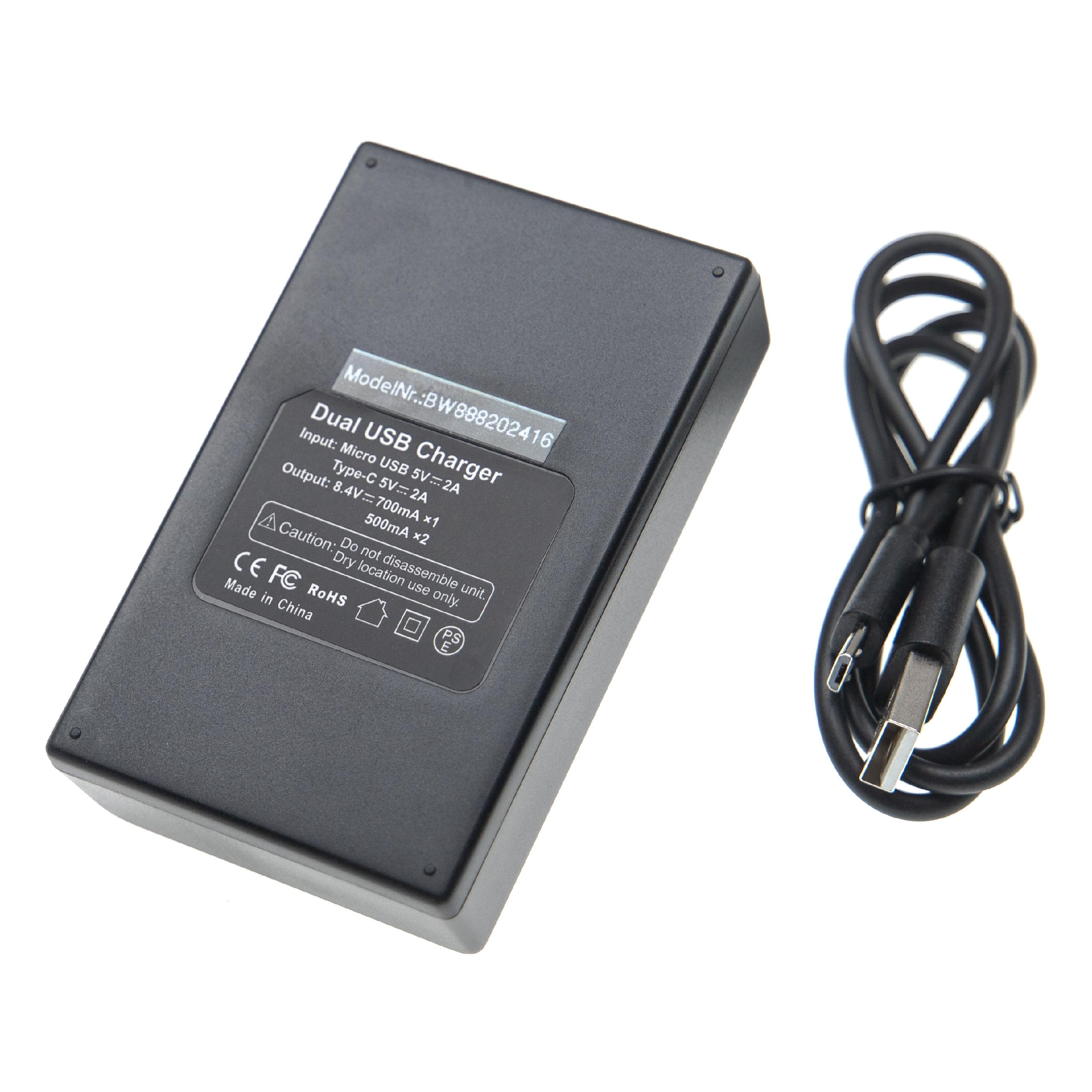 Ein schwarzes Dual-USB-Ladegerät mit Kabel auf weißem Hintergrund. Ladegerät hat Text und eine Modellnummer.