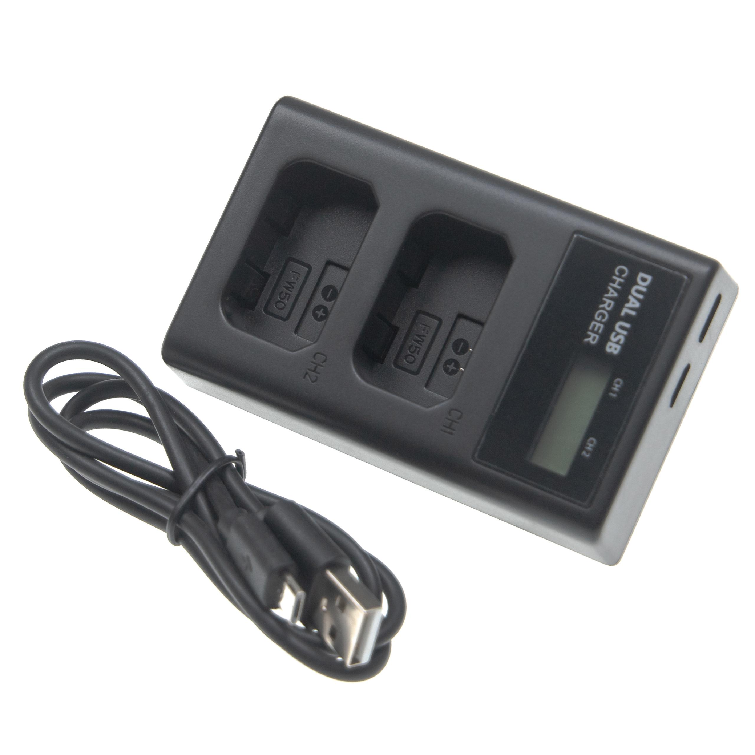 Ein schwarzes Dual-USB-Ladegerät mit Kabel. Es hat zwei Ladeschlitze, ein Display und den Text 'DUAL USB CHARGER'.