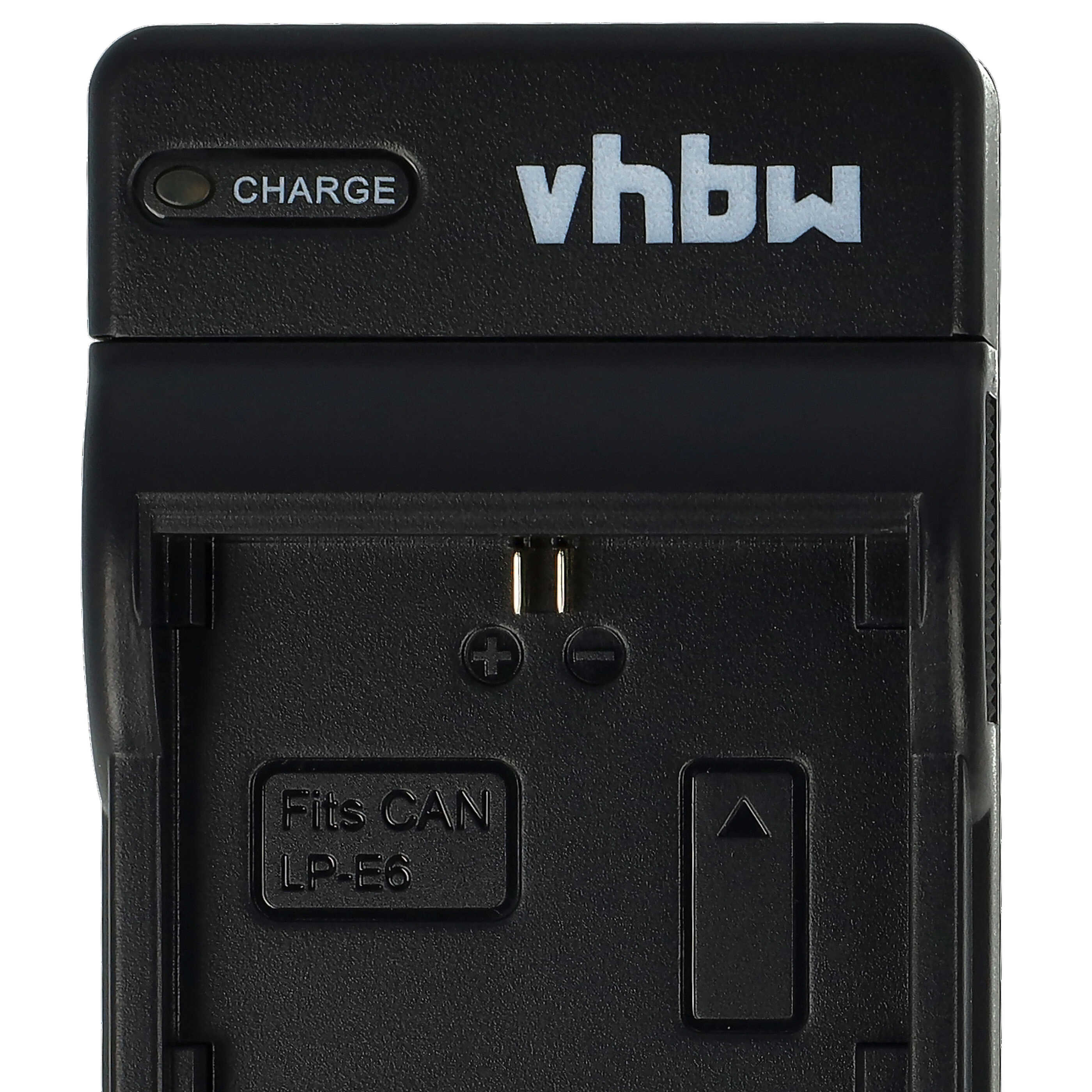 Schwarzes Batterieladegerät mit weißem "vhbw"-Text. Es hat eine Ladeanzeige, einen Steckplatz für einen Akku und den Text "Fits CAN LP-E6".