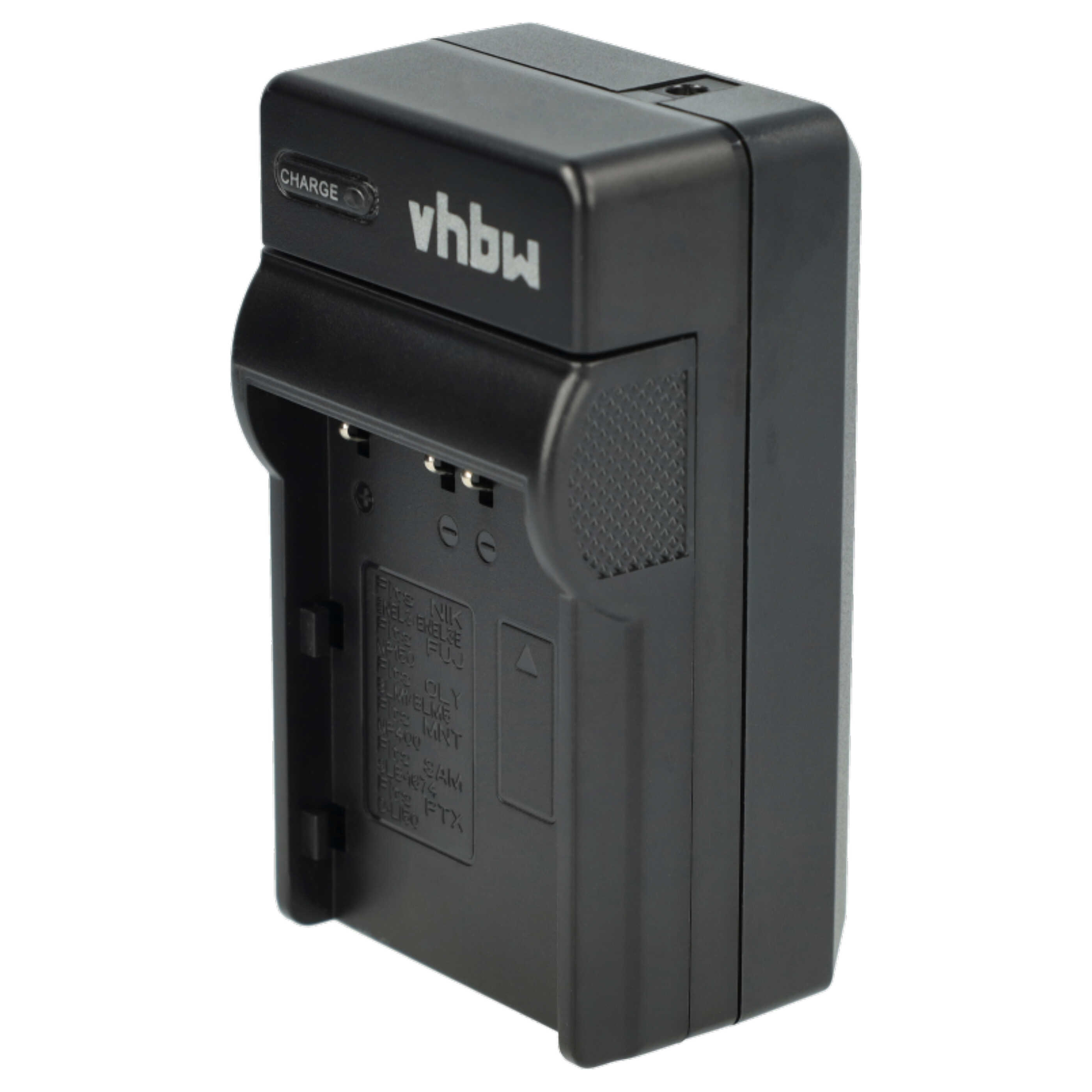 Schwarzes Kamera-Akkuladegerät. Es trägt das Wort "CHARGE" und die Marke "vhbw". Es ist vor weißem Hintergrund.