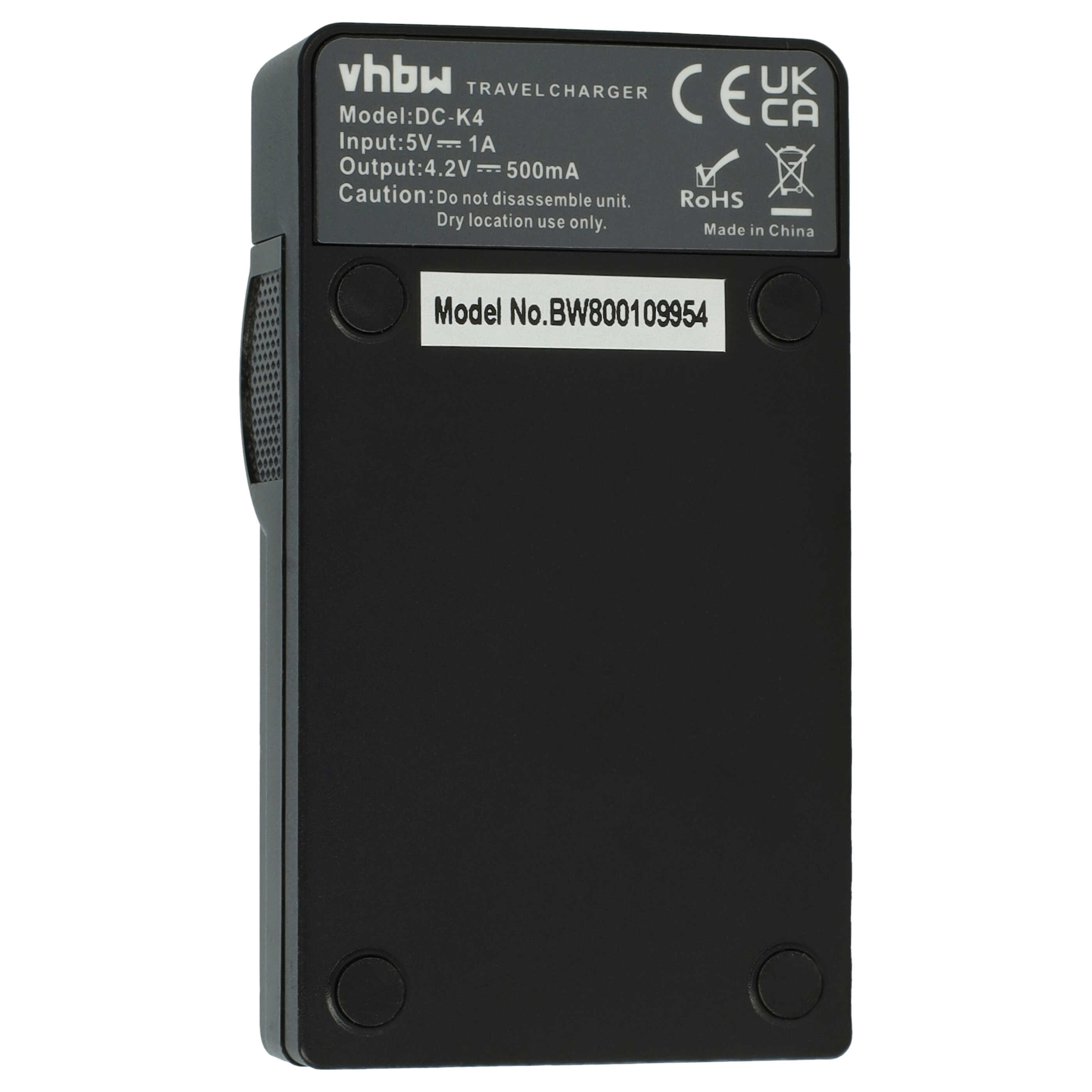 Schwarzes Reise Ladegerät mit Text: vhbw, Modell: DC-K4, Eingang: 5V 1A, Ausgang: 4.2V 500mA. Modell-Nr. BW800109954.