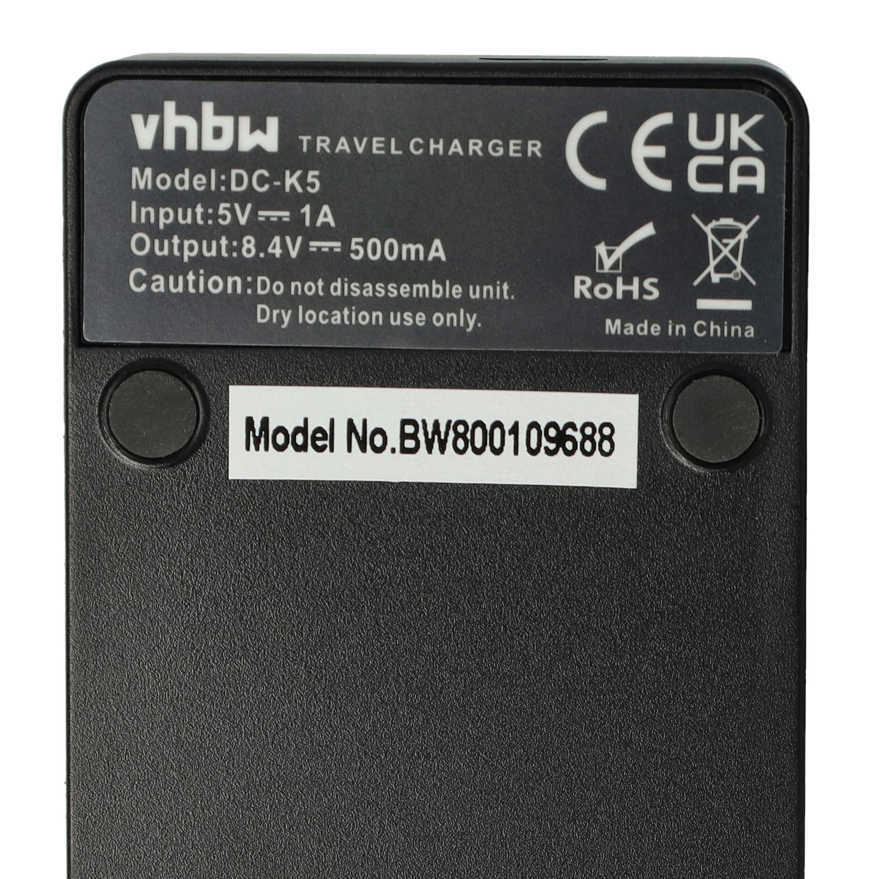 Schwarzes Reisegerät mit weißem Text. Text enthält 'vhbw', Modellinformationen und Sicherheitshinweise. Ein Aufkleber lautet 'Model No. BW800109688'.