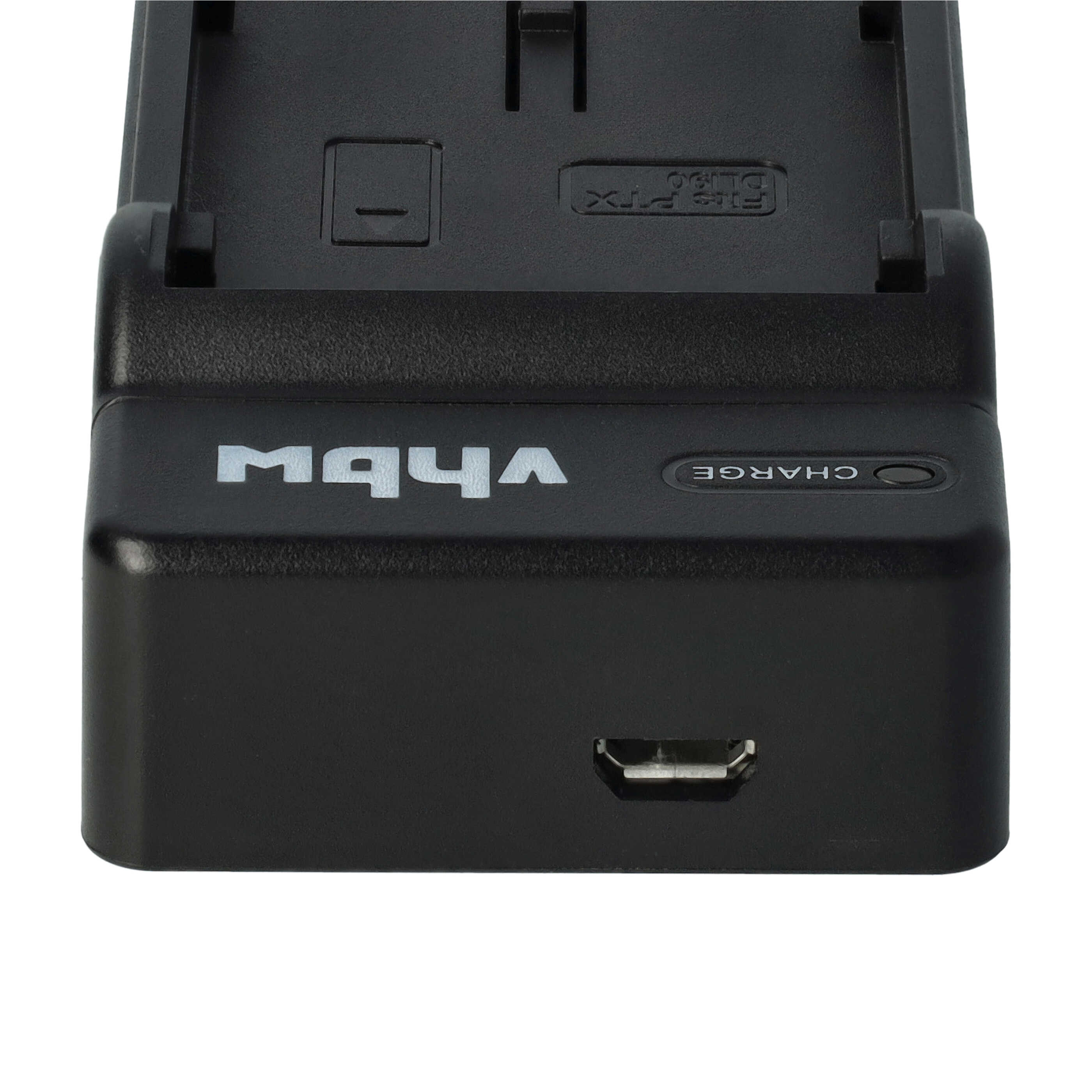Ein schwarzes Batterieladegerät wird gezeigt. Das Ladegerät hat den Markennamen Vhbw, eine Ladeanzeige und einen USB-Anschluss.