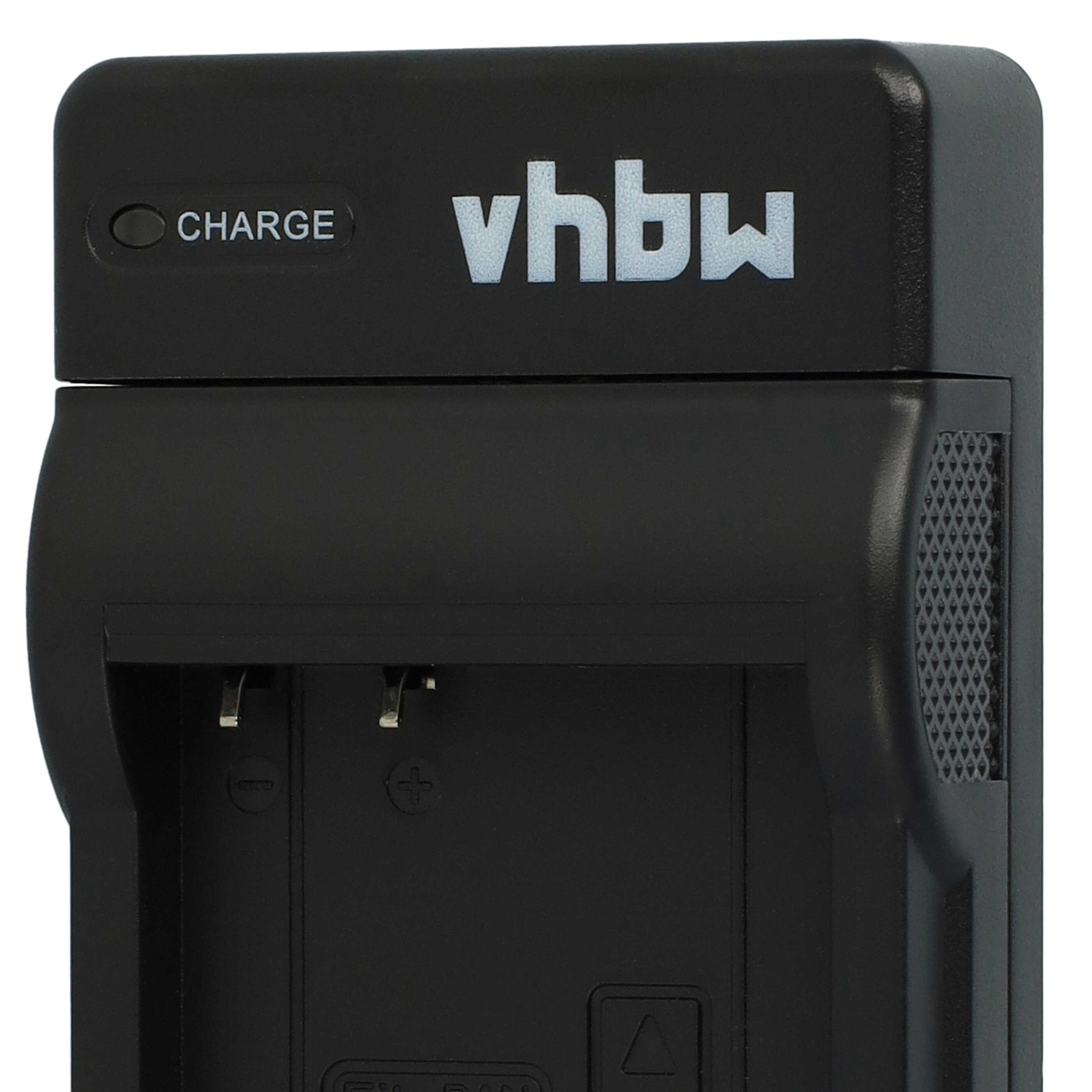 Schwarzes Batterieladegerät mit 'vhbw'-Logo. Mit Ladeanzeige. Hat Schlitze für Batterien und ein Lüftungsgitter.