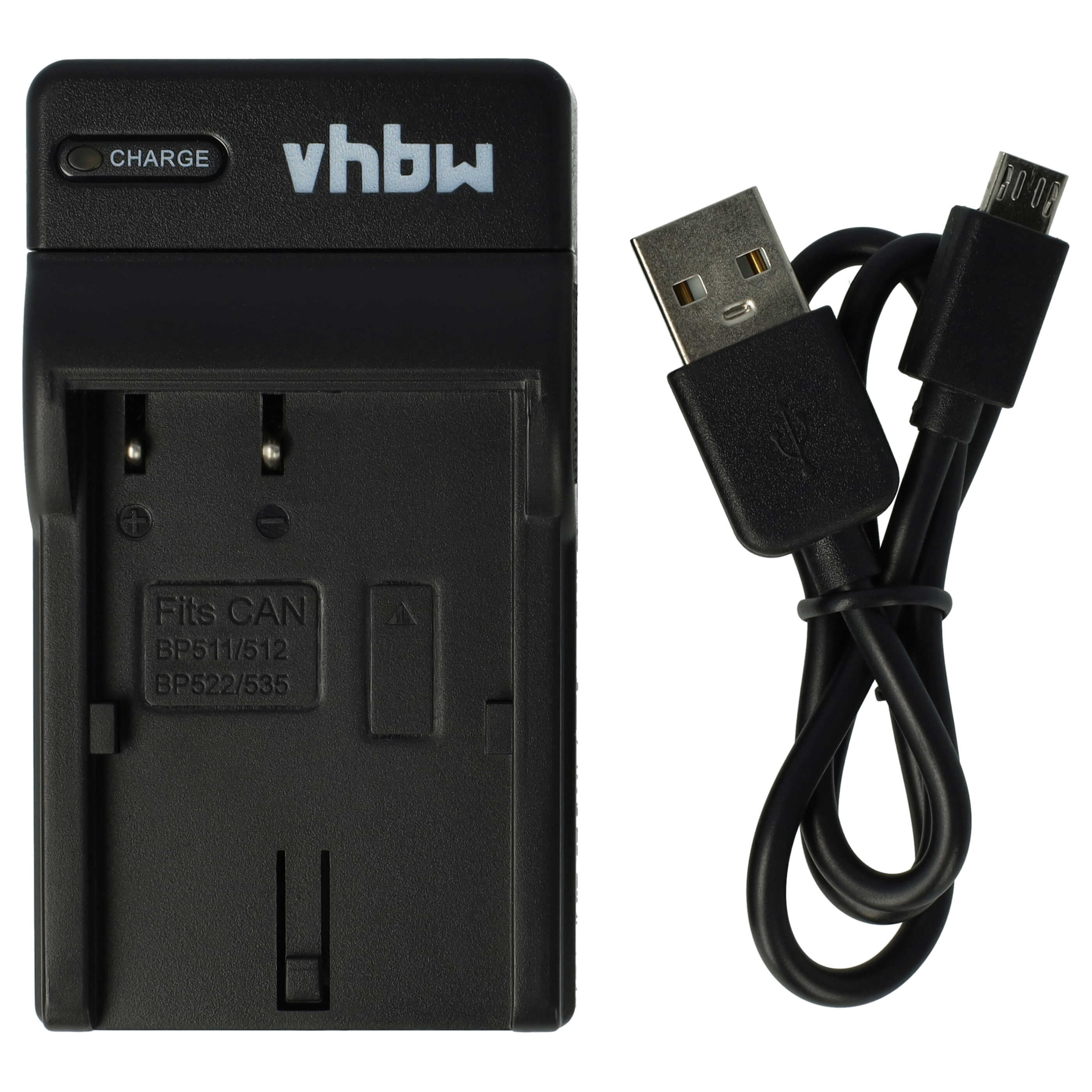 Schwarzes Batterieladegerät mit USB-Kabel. Das Ladegerät hat eine Ladeanzeige und den Markennamen. Weißer Hintergrund.