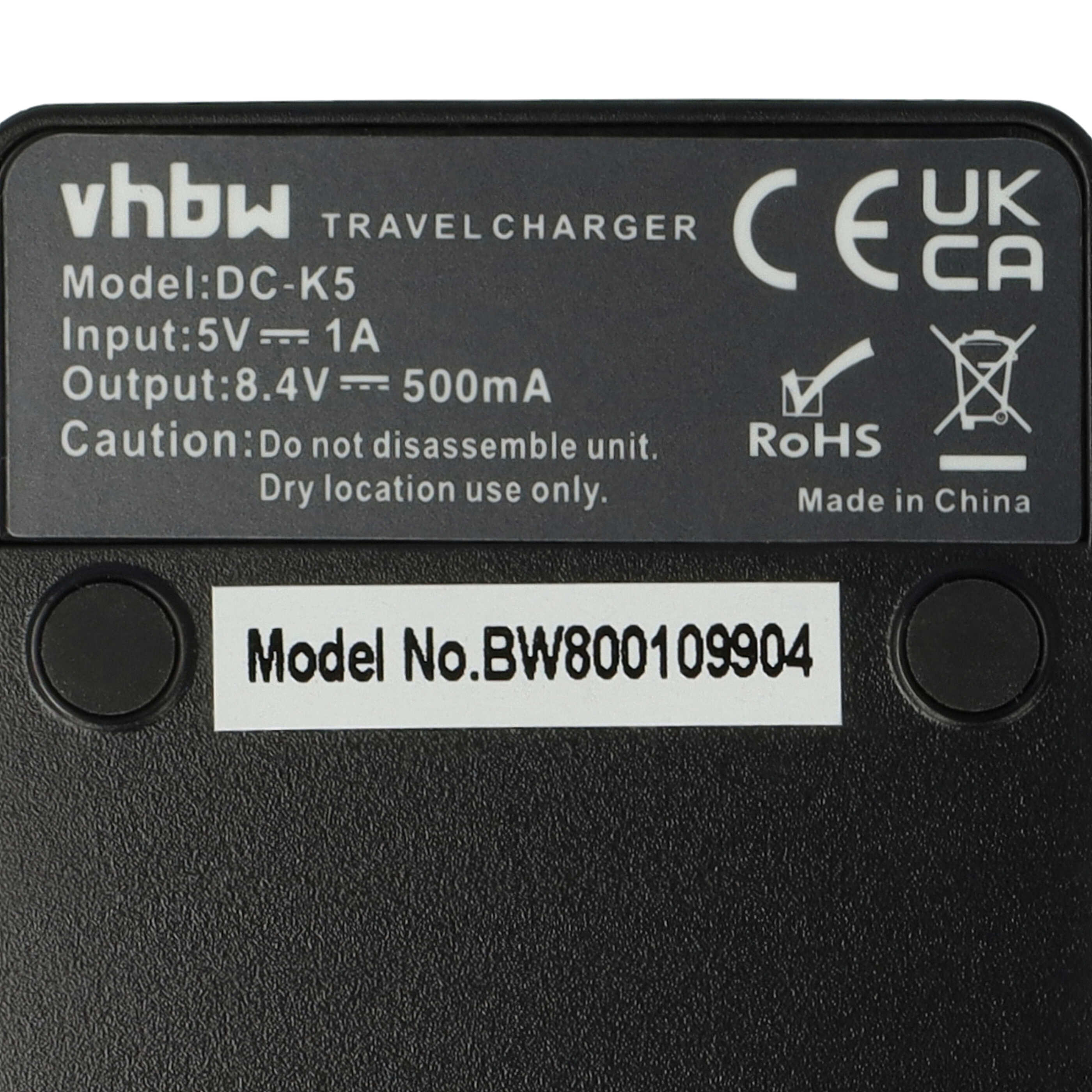 Schwarzes Reise Ladegerät mit weißem Text: vhbw, Modellinfos und Sicherheitshinweise. Mit CE-, UKCA- und RoHS-Symbolen. Hergestellt in China.