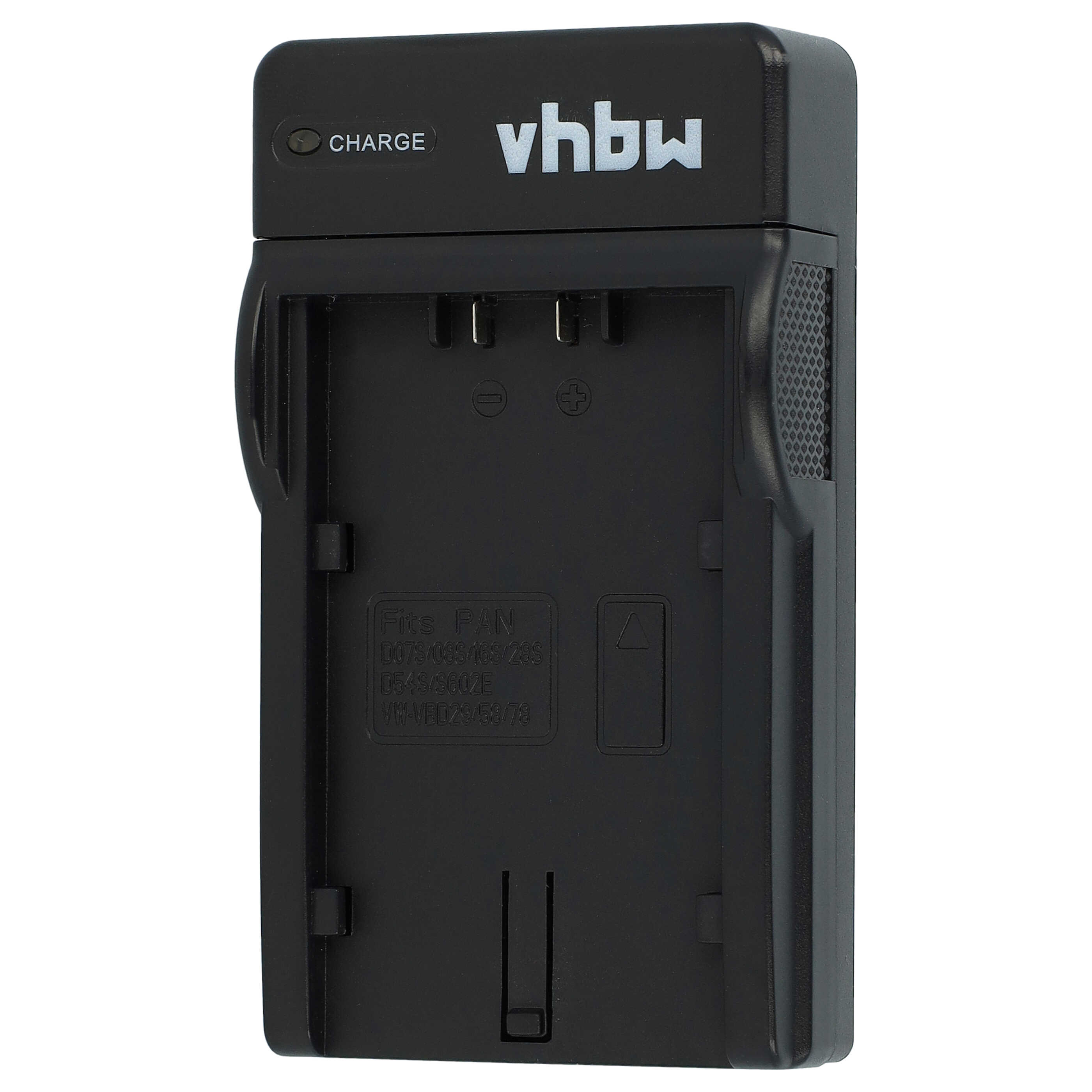 Schwarzes Batterieladegerät mit der Marke 'vhbw'. Es hat eine Ladeanzeige und Steckplätze für Batterien.