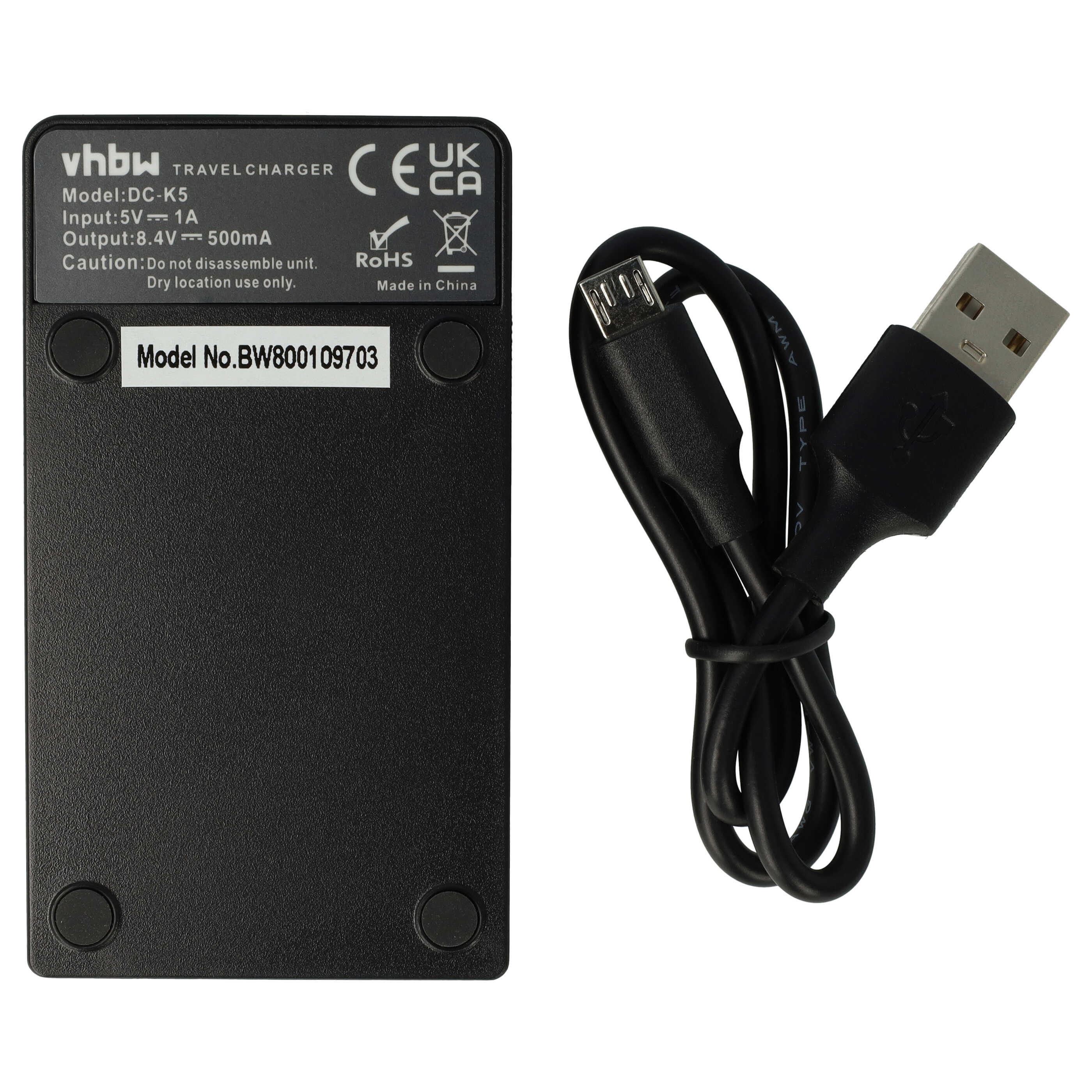 Schwarzes Reiseladegerät und Kabel. Das Ladegerät hat Text und Symbole. Das Kabel hat einen USB- und Micro-USB-Anschluss.