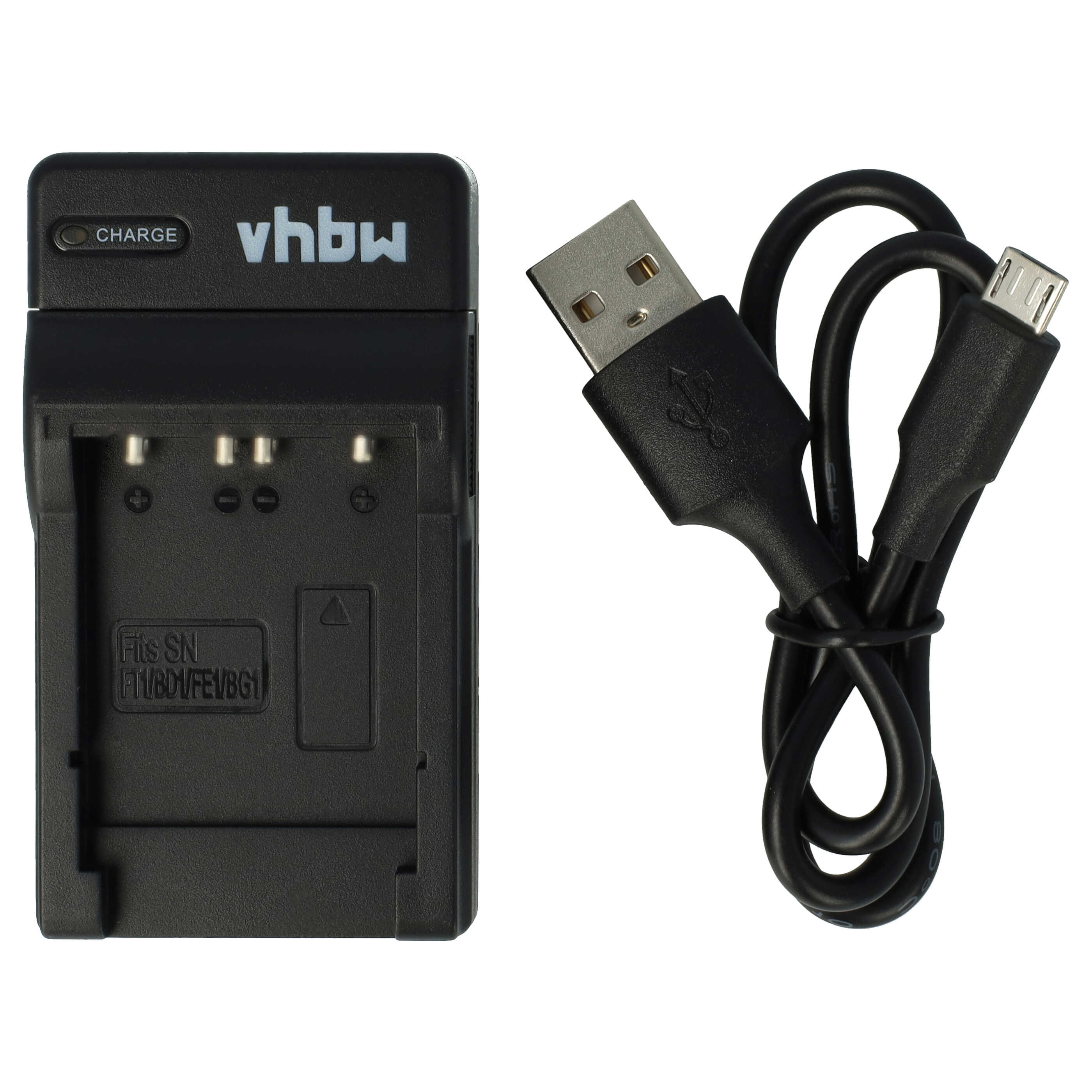 Schwarzes Akku-Ladegerät mit USB-Kabel. Auf dem Ladegerät steht das Wort "Charge". Weißer Hintergrund.