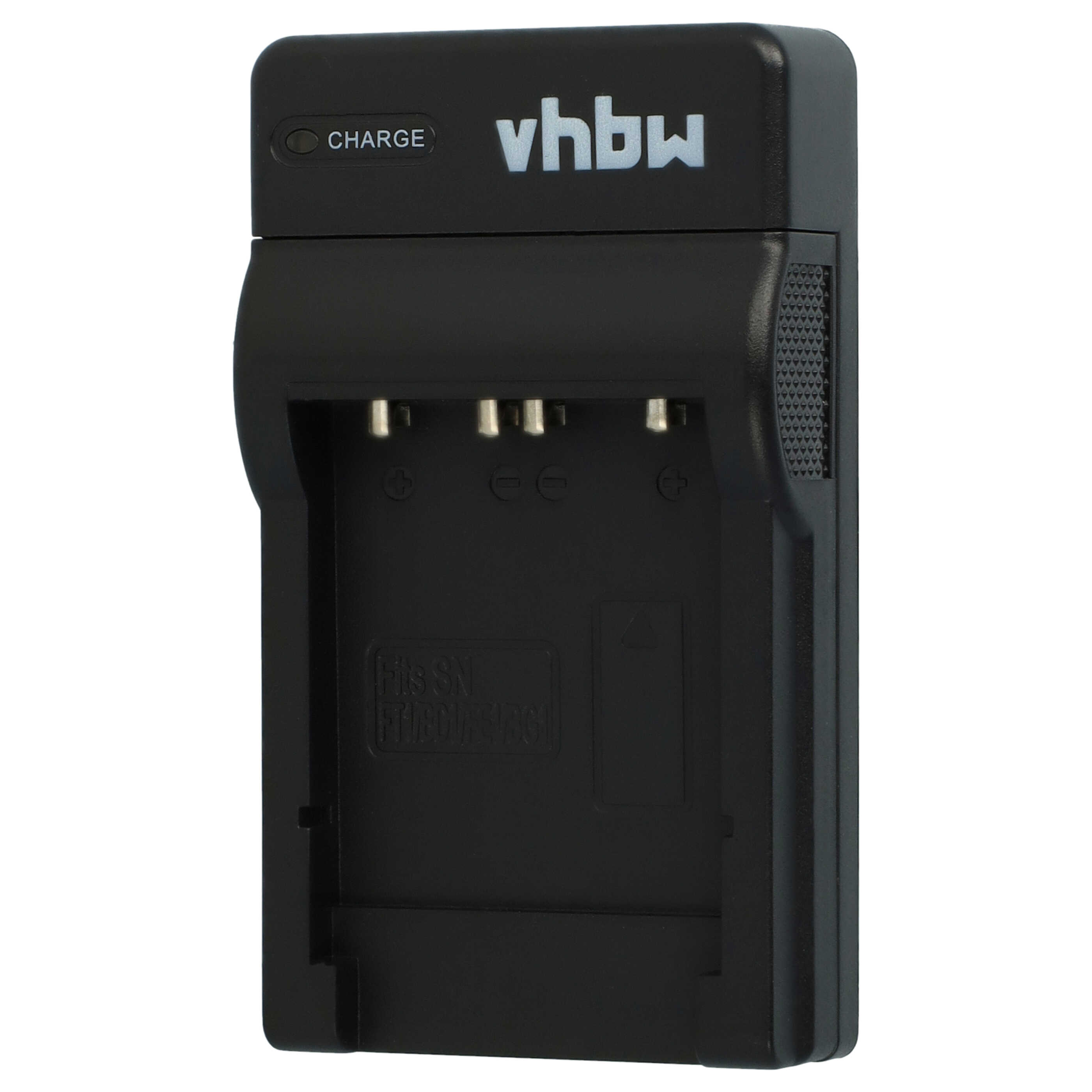 Schwarzes Batterieladegerät mit dem weißen Text 'vhbw' und 'CHARGE'. Es hat Schlitze und Stifte. Weißer Hintergrund.