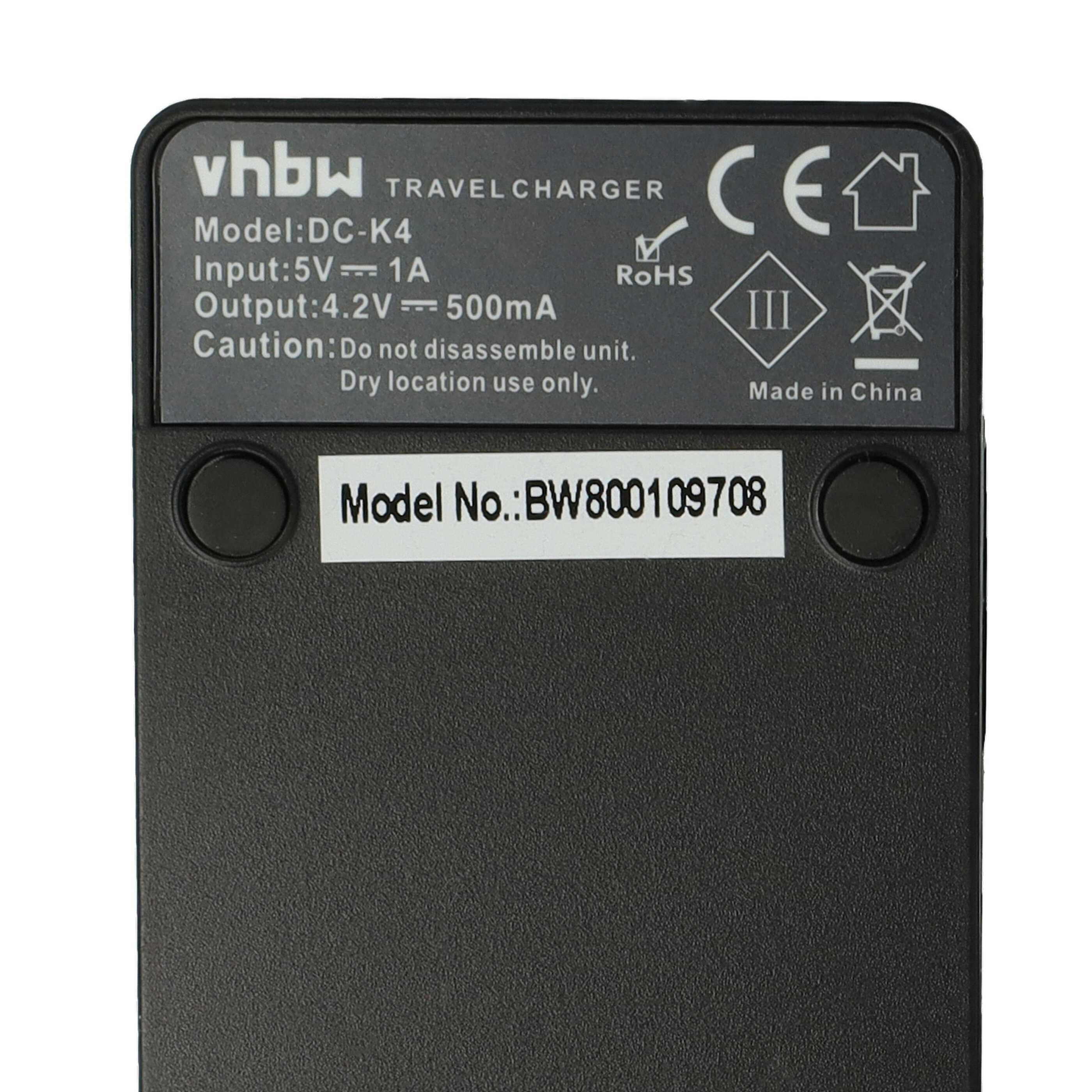 Ein schwarzes Reise-Ladegerät mit Text: vhbw, Modell, Ein-/Ausgang und Sicherheitssymbolen. Modellnummer BW800109708.