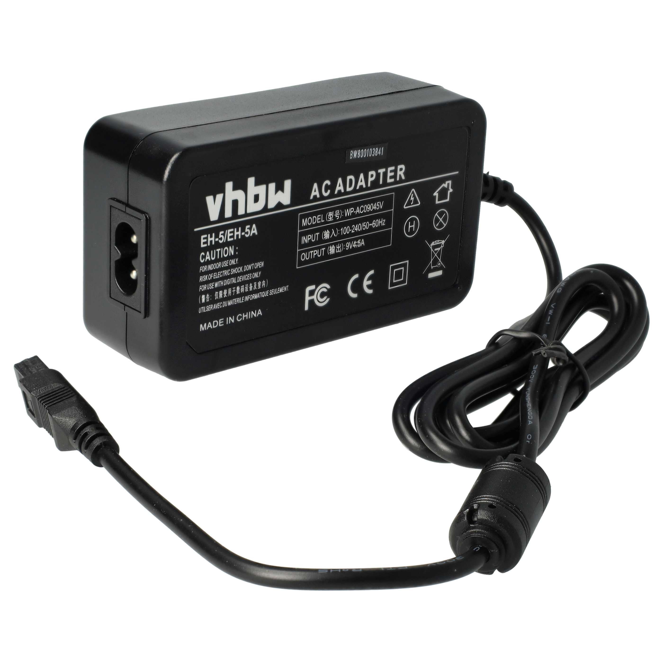 Schwarzes Netzteil mit Netzkabel. Der Adapter hat Text und Logos, einschließlich 'vhbw AC ADAPTER'.