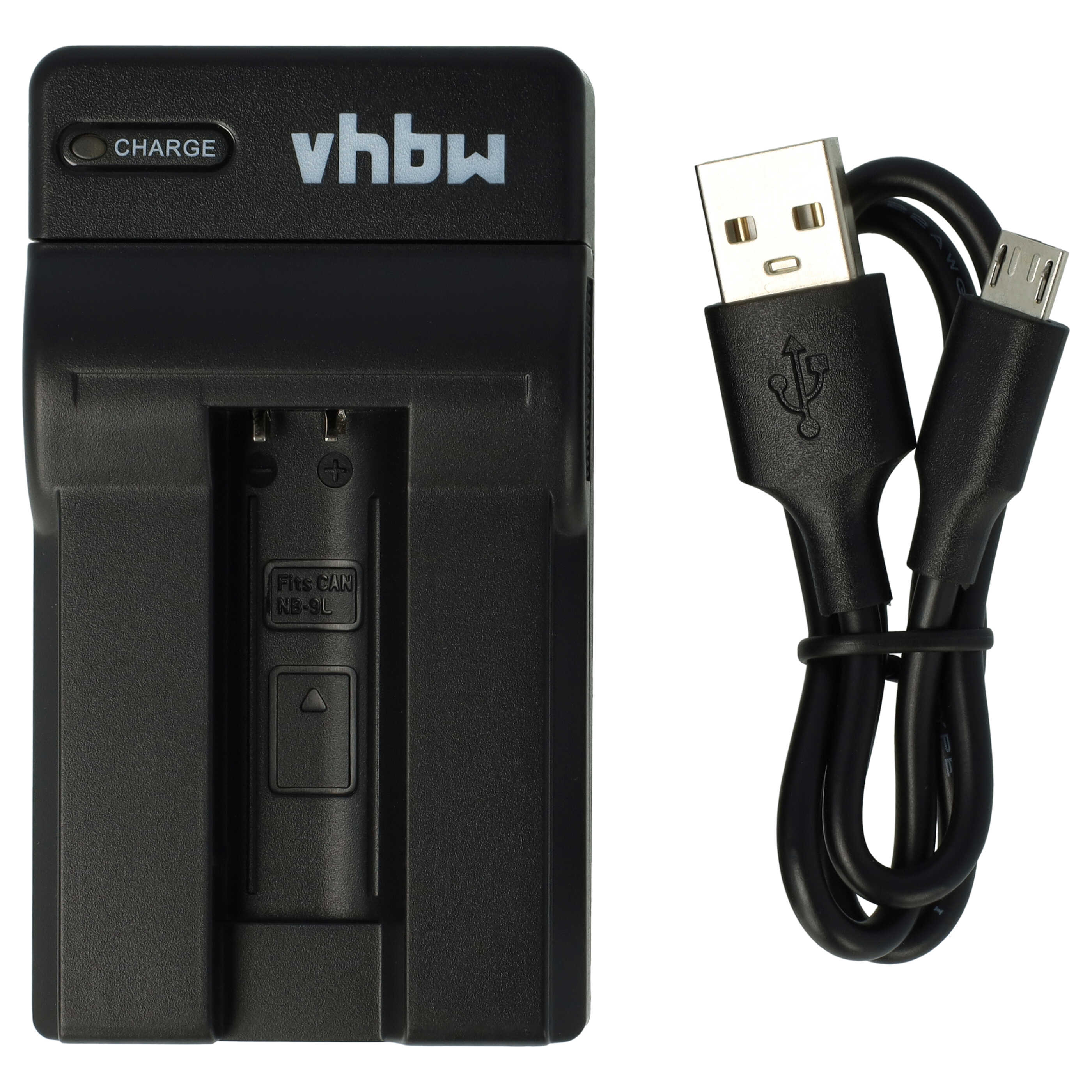 Schwarzes vhbw-Batterieladegerät mit USB-Kabel. Das Ladegerät hat einen Steckplatz für einen Akku und ein "Charge"-Licht. Weißer Hintergrund.