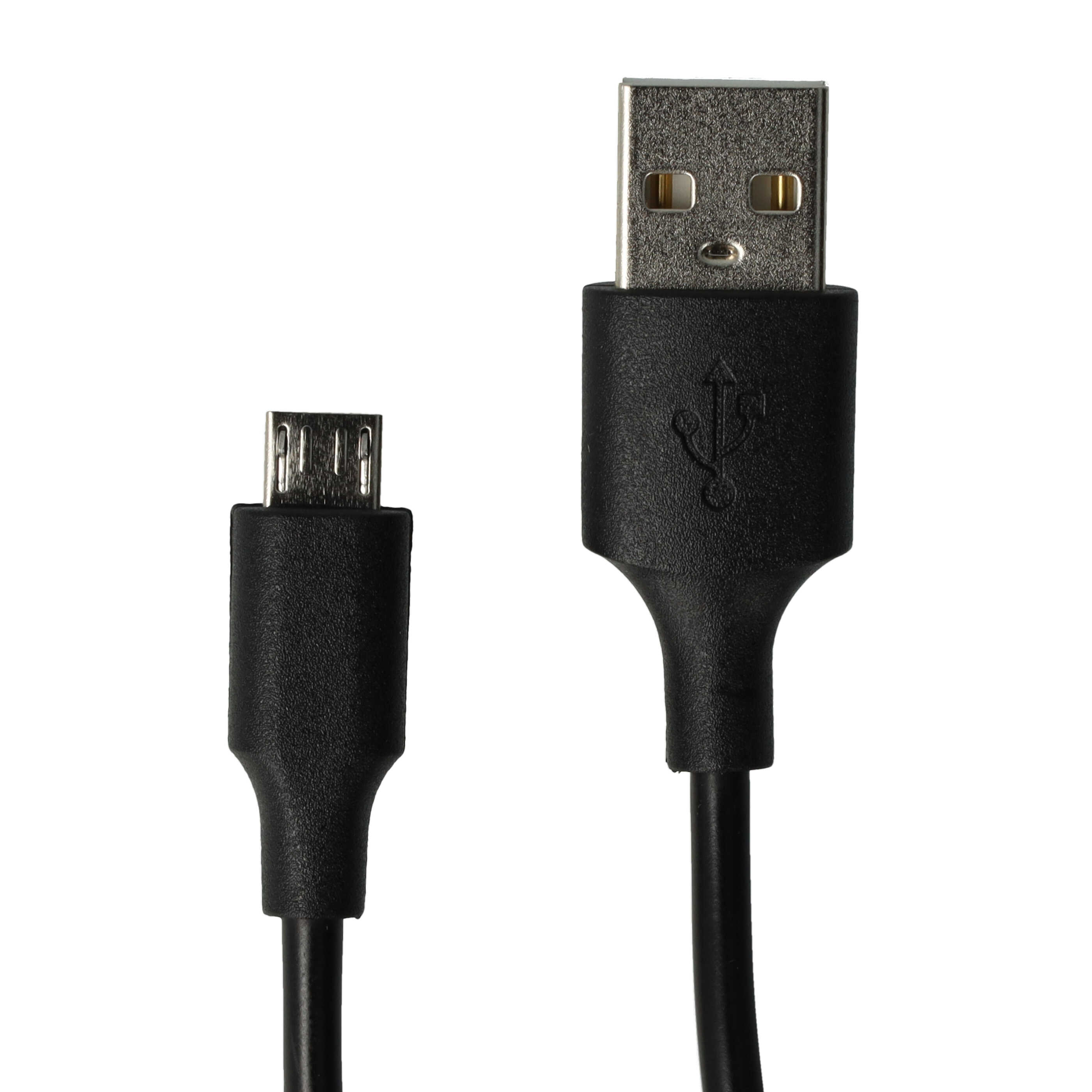 Schwarzes USB-Kabel mit Micro-USB-Anschluss und USB-A-Anschluss auf weißem Hintergrund.