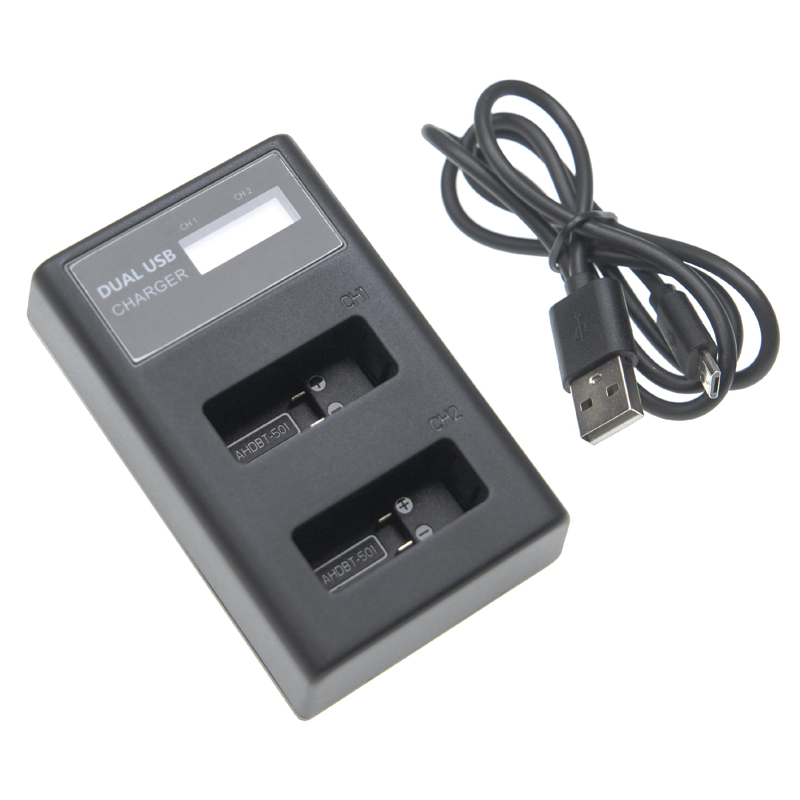 Schwarzes Dual-USB-Ladegerät mit Kabel. Das Ladegerät hat zwei Steckplätze und ein Display. Weißer Hintergrund.