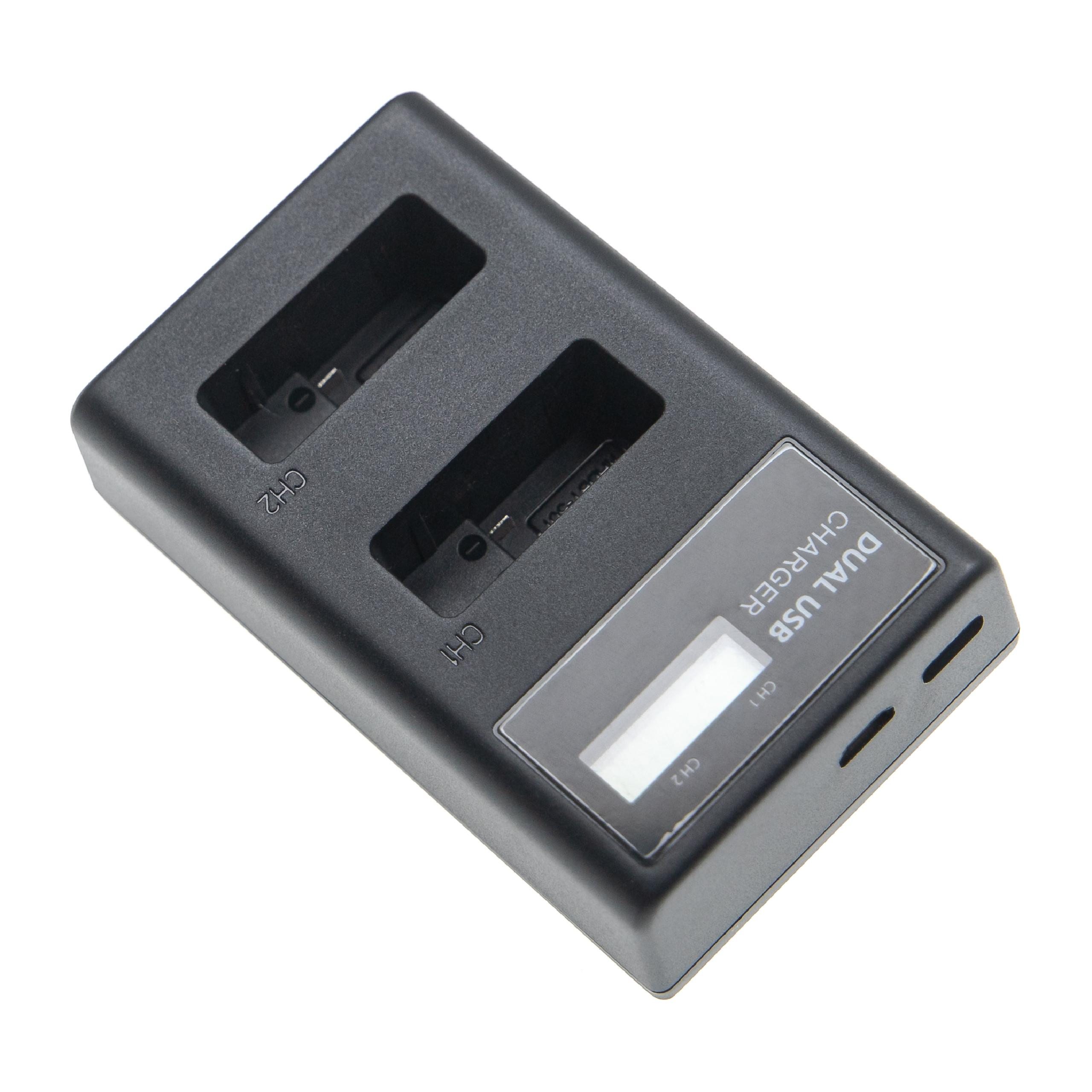 Ein schwarzes Dual-USB-Ladegerät. Es hat zwei Ladeschlitze und ein kleines Display. Das Ladegerät befindet sich auf weißem Hintergrund.